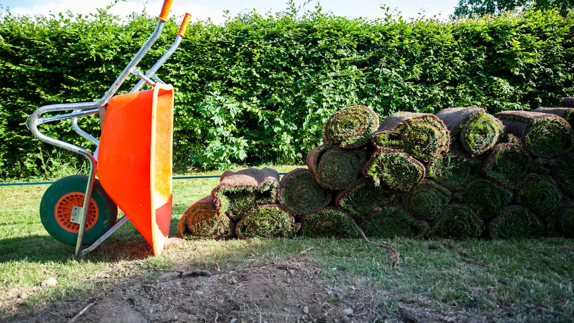 Pomarańczowa taczka obok trawy w rolkach