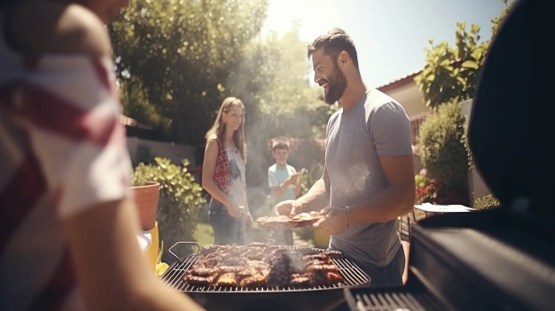 Rodzina w ogrodzie spędza czas przy grillu węglowym