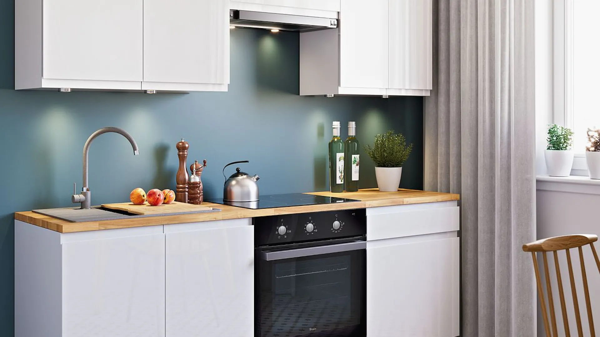 Biała kuchnia z drewnianym blatem