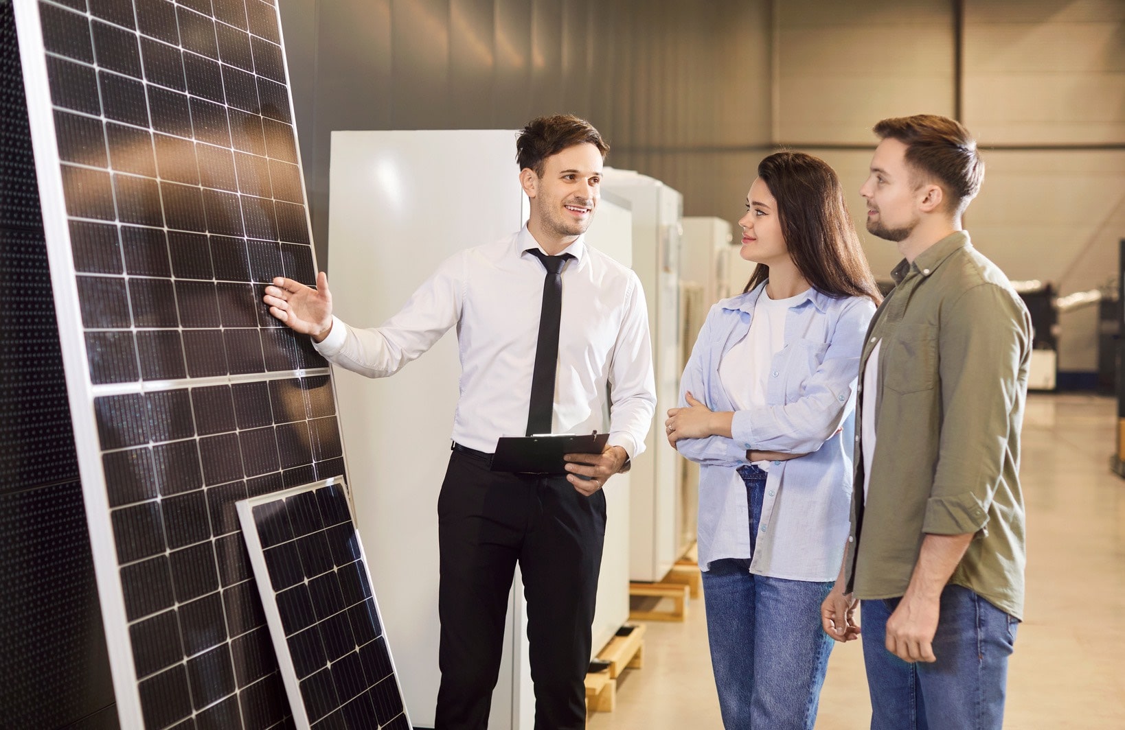 Sprzedawca tłumaczy klientom, jak zwiększyć wydajność paneli solarnych