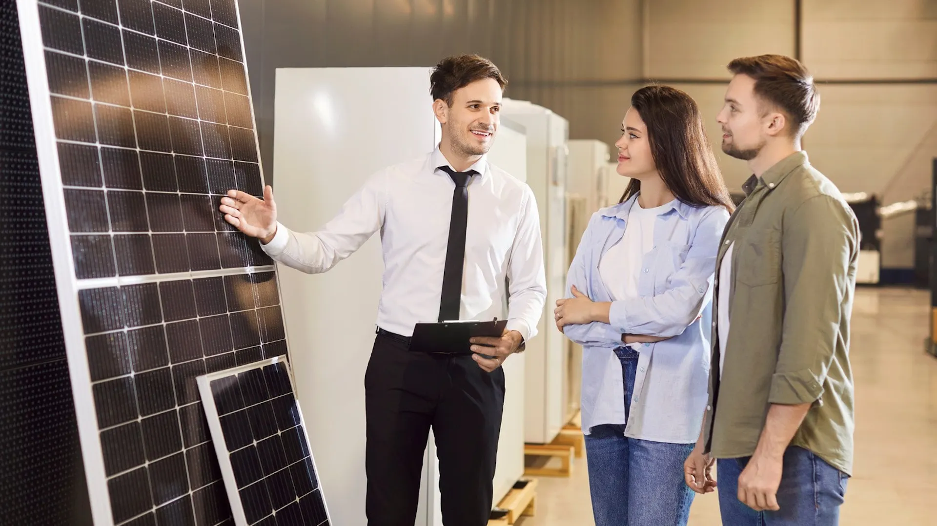 Sprzedawca tłumaczy klientom, jak zwiększyć wydajność paneli solarnych