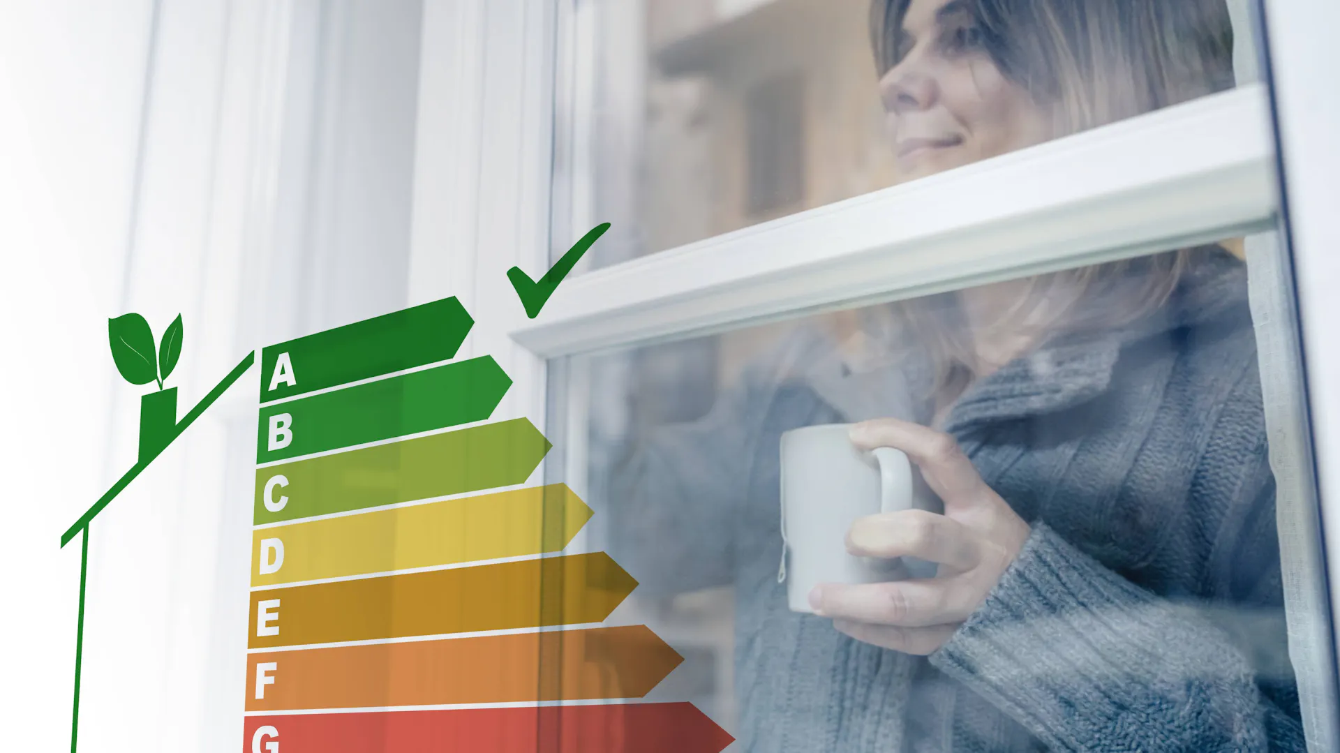 Kobieta spogląda przez energooszczędne okno, na którym znajduje się skala efektywności energetycznej