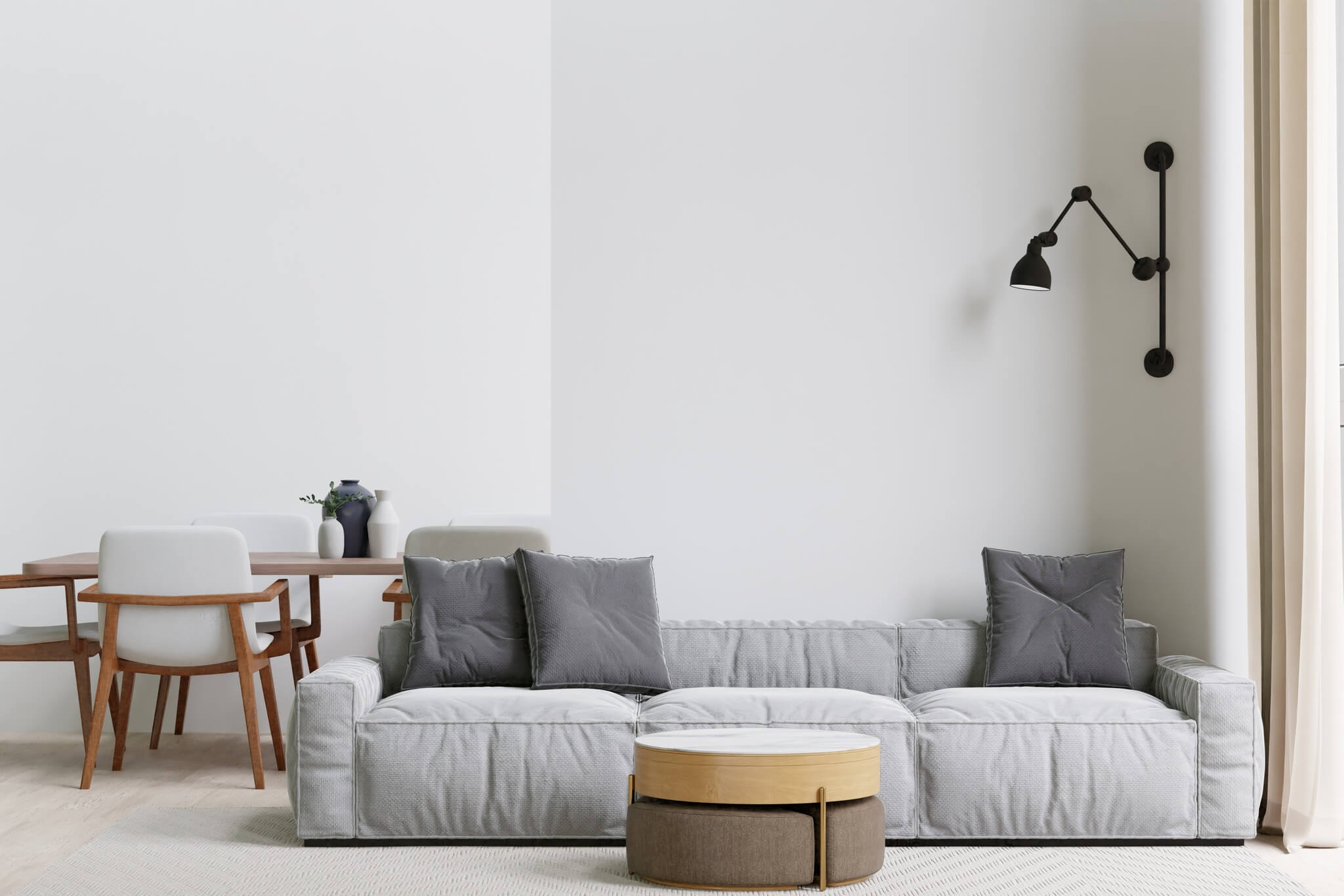 Salon z jadalnią wyposażone w designerskie meble.