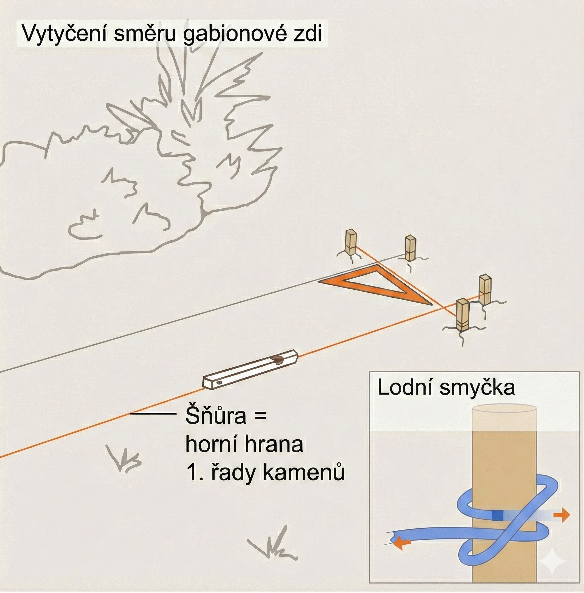 Náčrt stavby zídky s pokynem pro lodní smyčku.