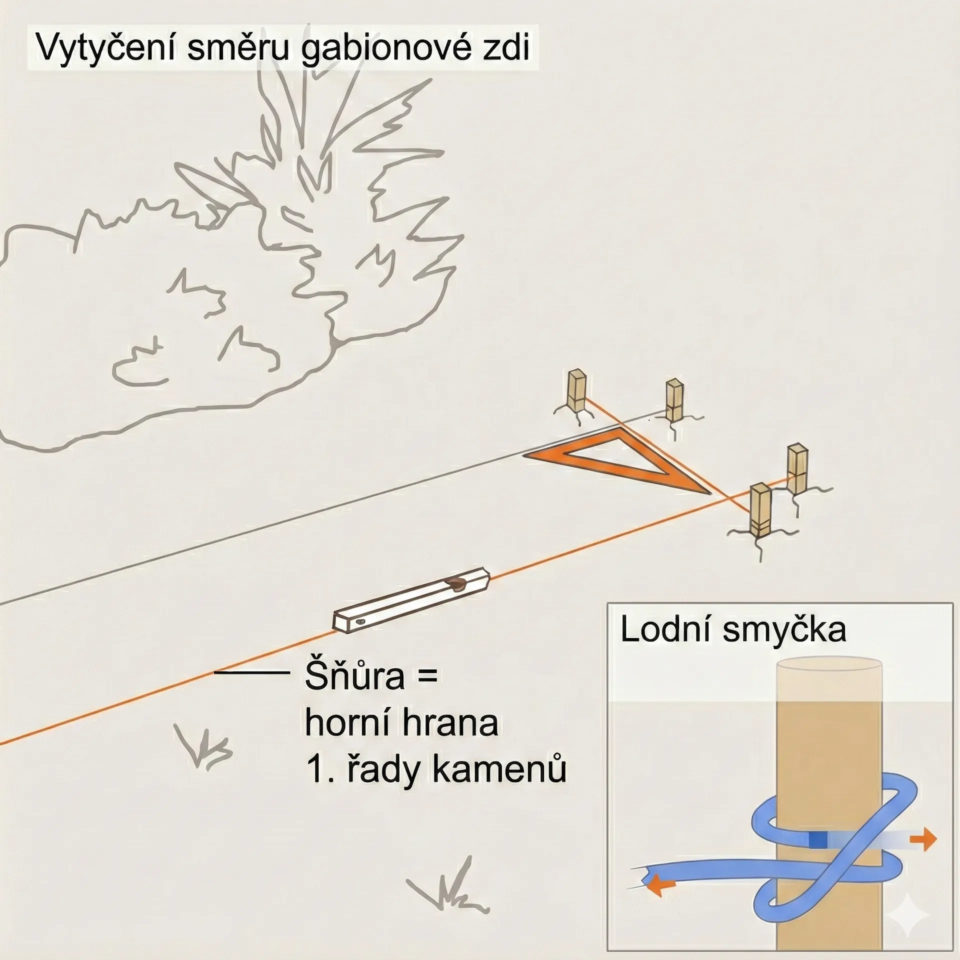 Náčrt stavby zídky s pokynem pro lodní smyčku.