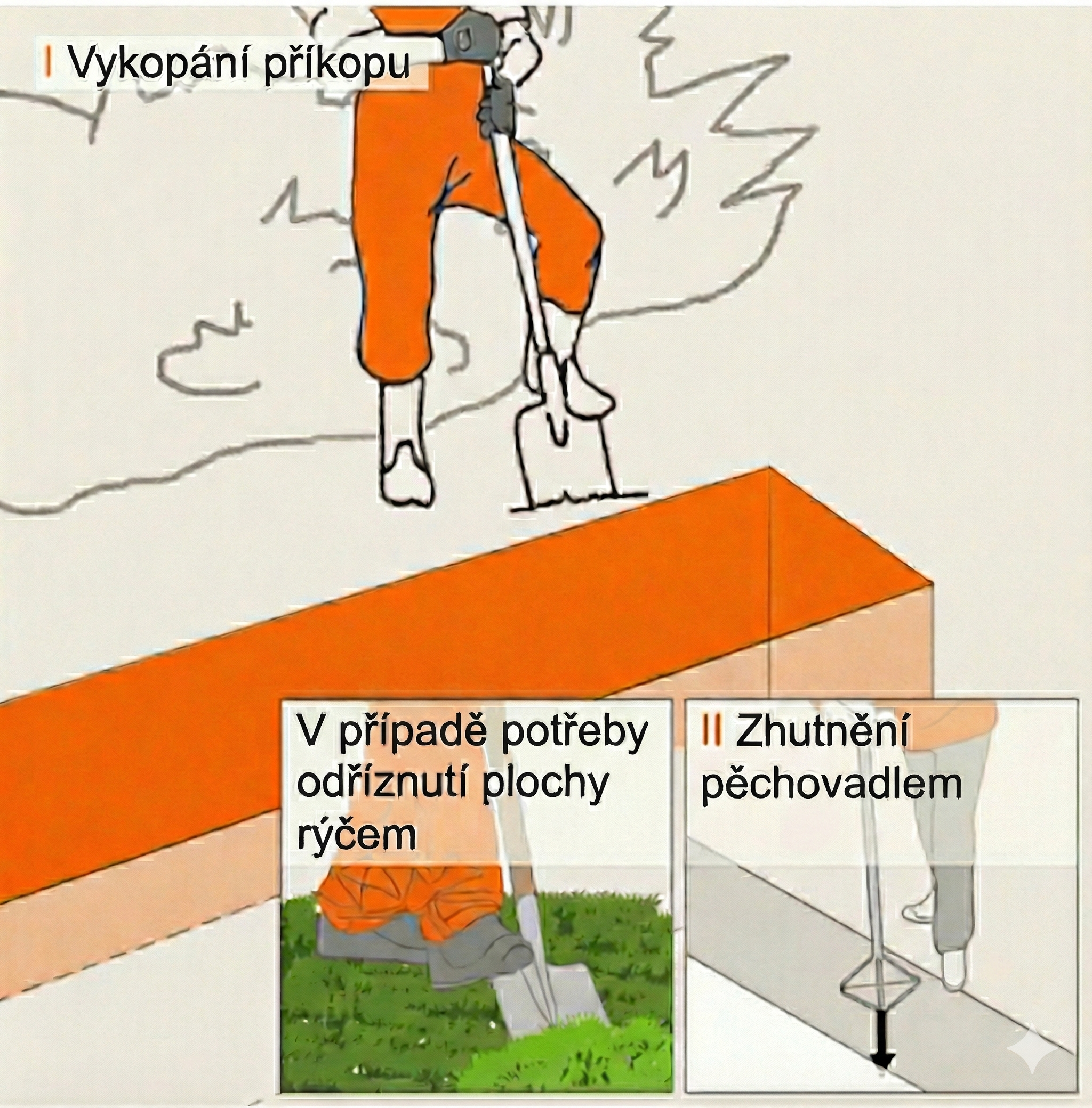 Náčrt stavby zídky se zahradníkem s rýčem.