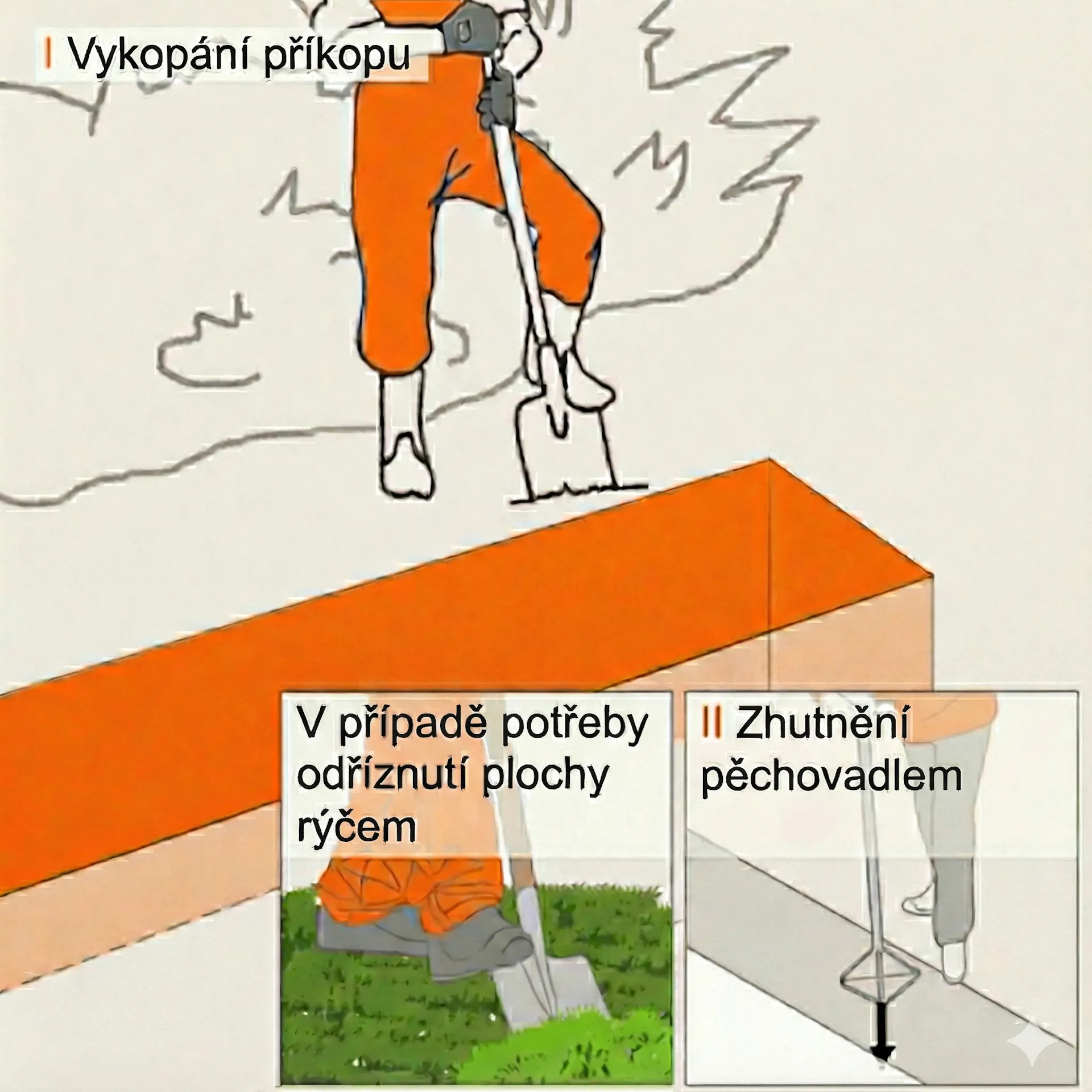 Náčrt stavby zídky se zahradníkem s rýčem.