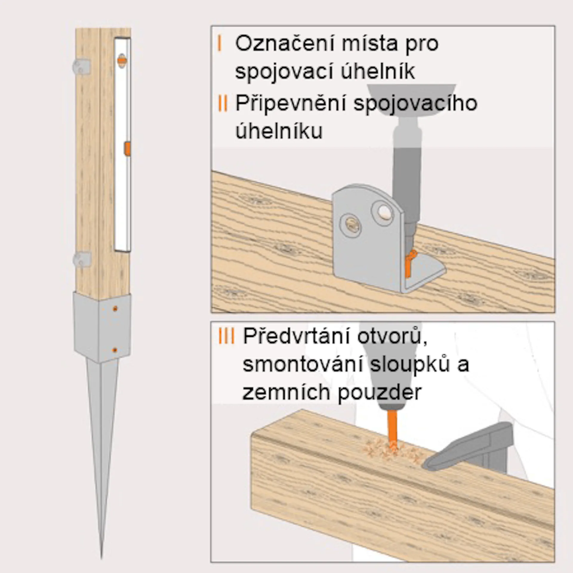 Náčrt způsobu montáže plotových sloupků na nájezdová pouzdra
