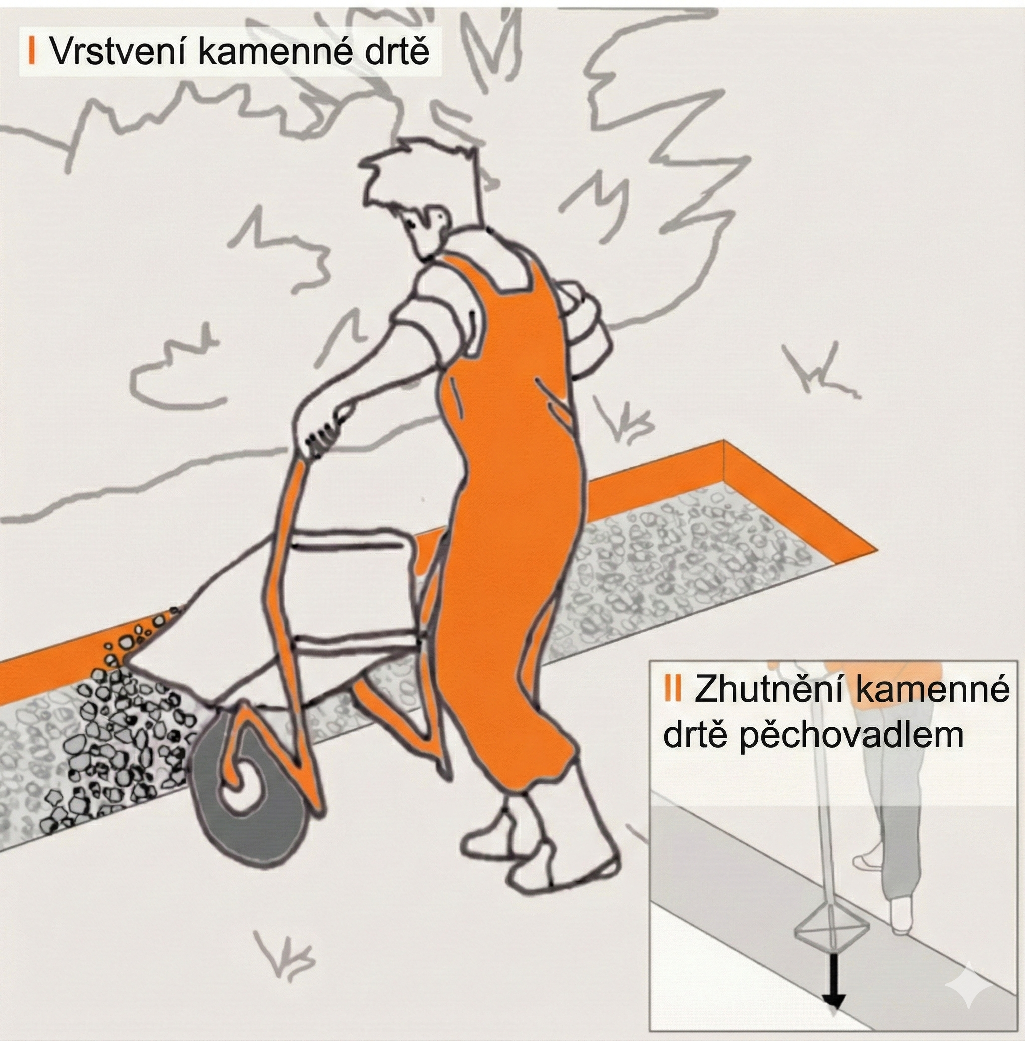 Náčrt stavby zídky se zahradníkem, který z kolečka zasypává výkop.
