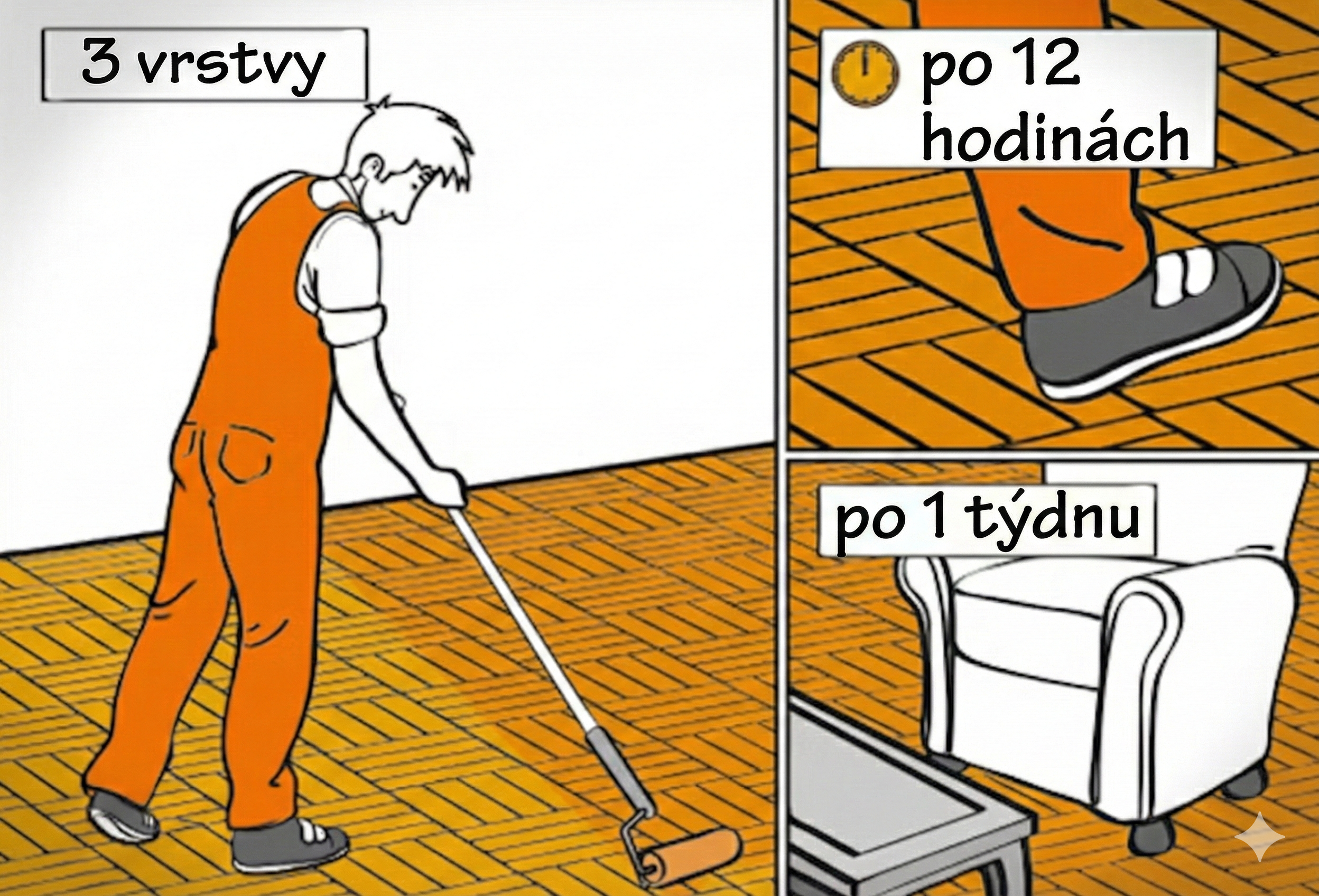 Muž nanáší na parkety další vrstvu laku a po dvanácti hodinách na ně vstupuje. Po týdnu postaví na parkety křeslo.