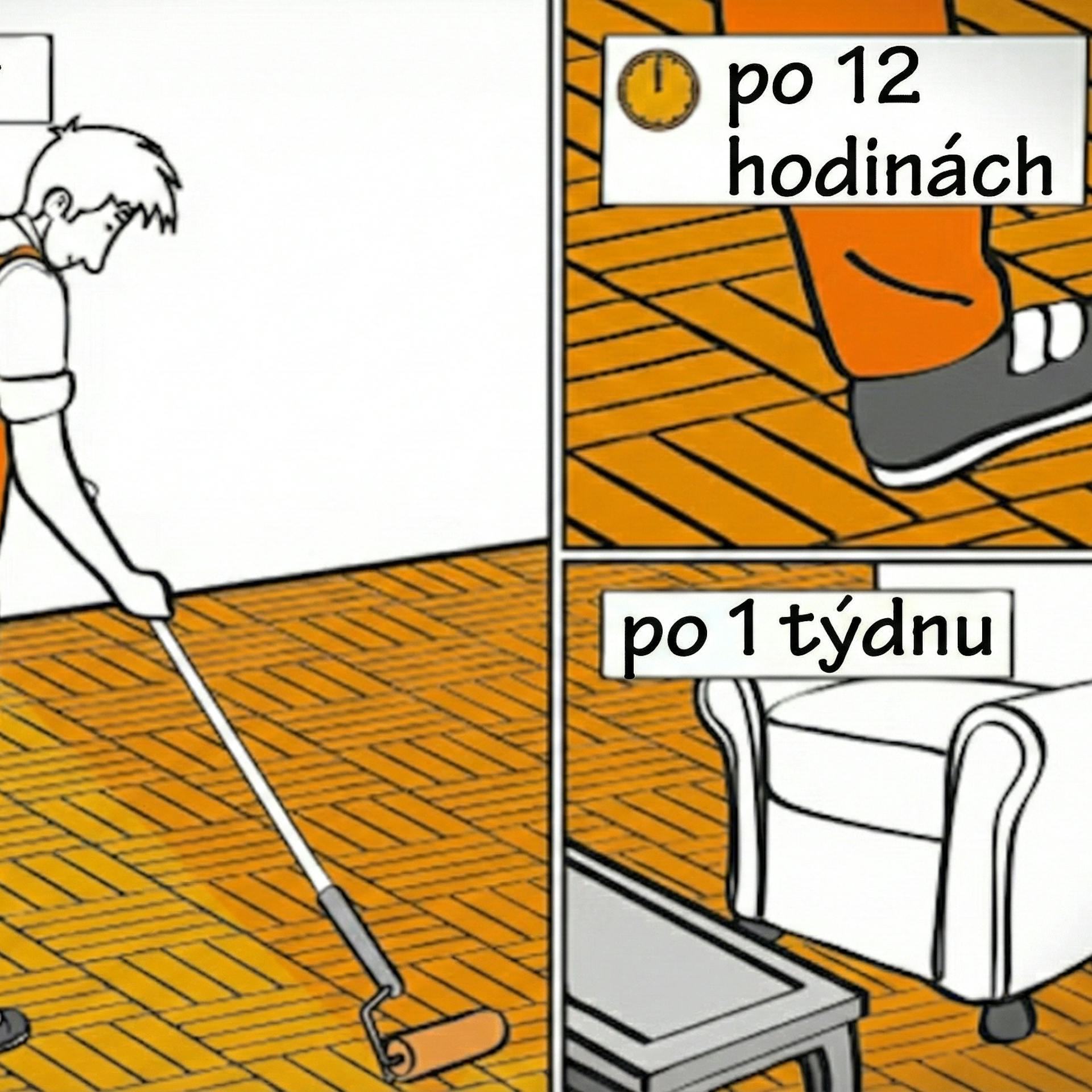 Muž nanáší na parkety další vrstvu laku a po dvanácti hodinách na ně vstupuje. Po týdnu postaví na parkety křeslo.