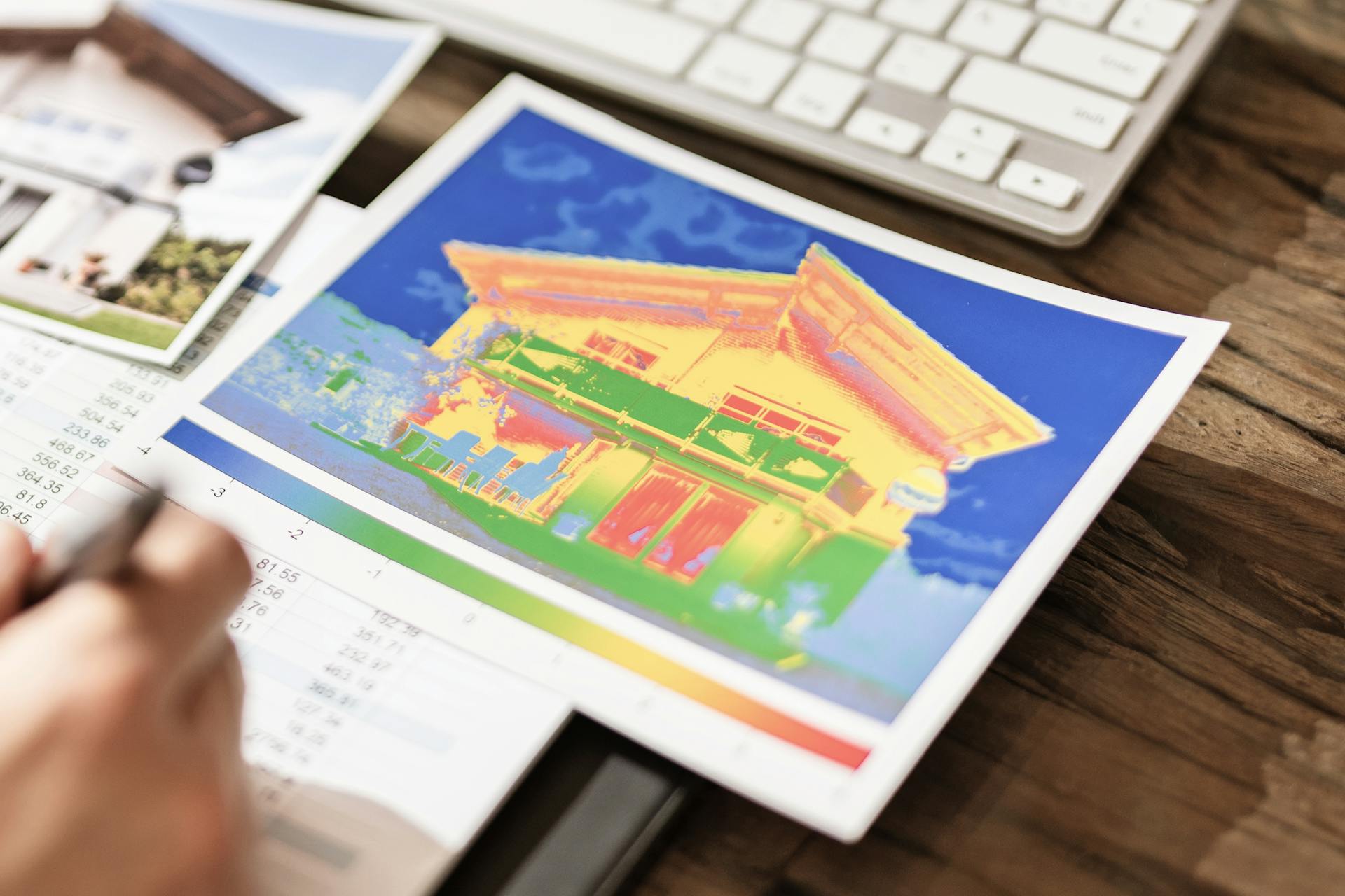 Ein Bauplan, ein Wärmebild und ein Taschenrechner auf einem Schreibtisch