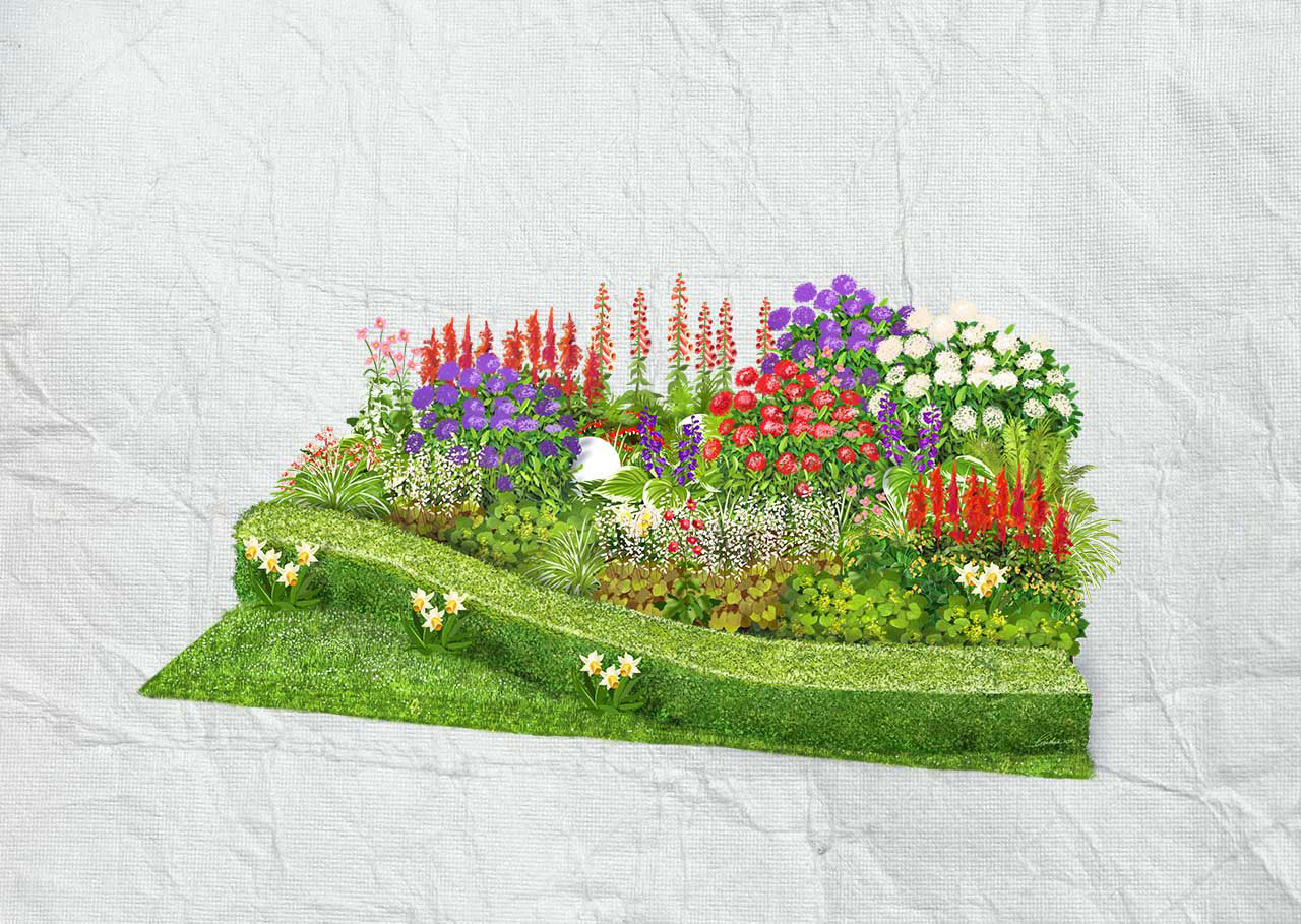 Árnyékos ágyás árnyékot kedvelő virágokkal.