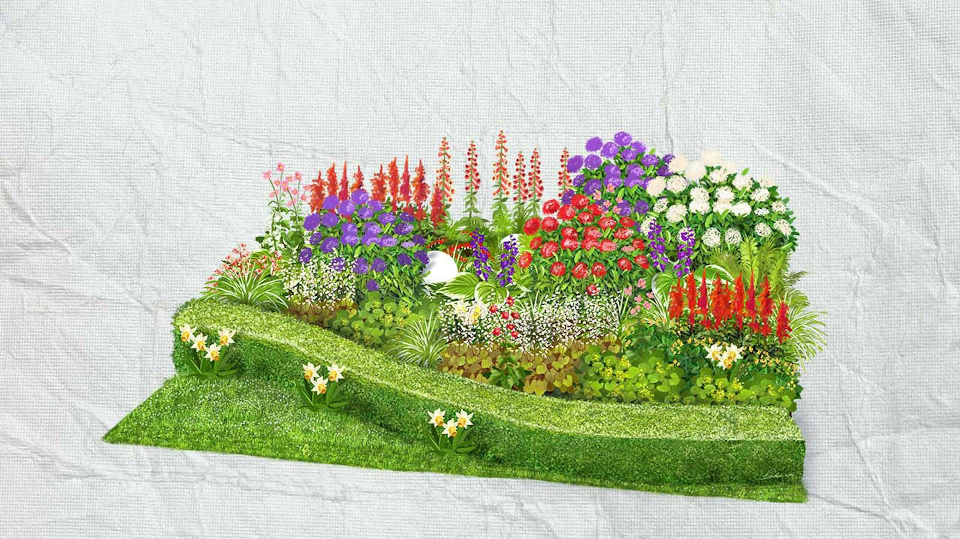 Árnyékos ágyás árnyékot kedvelő virágokkal.