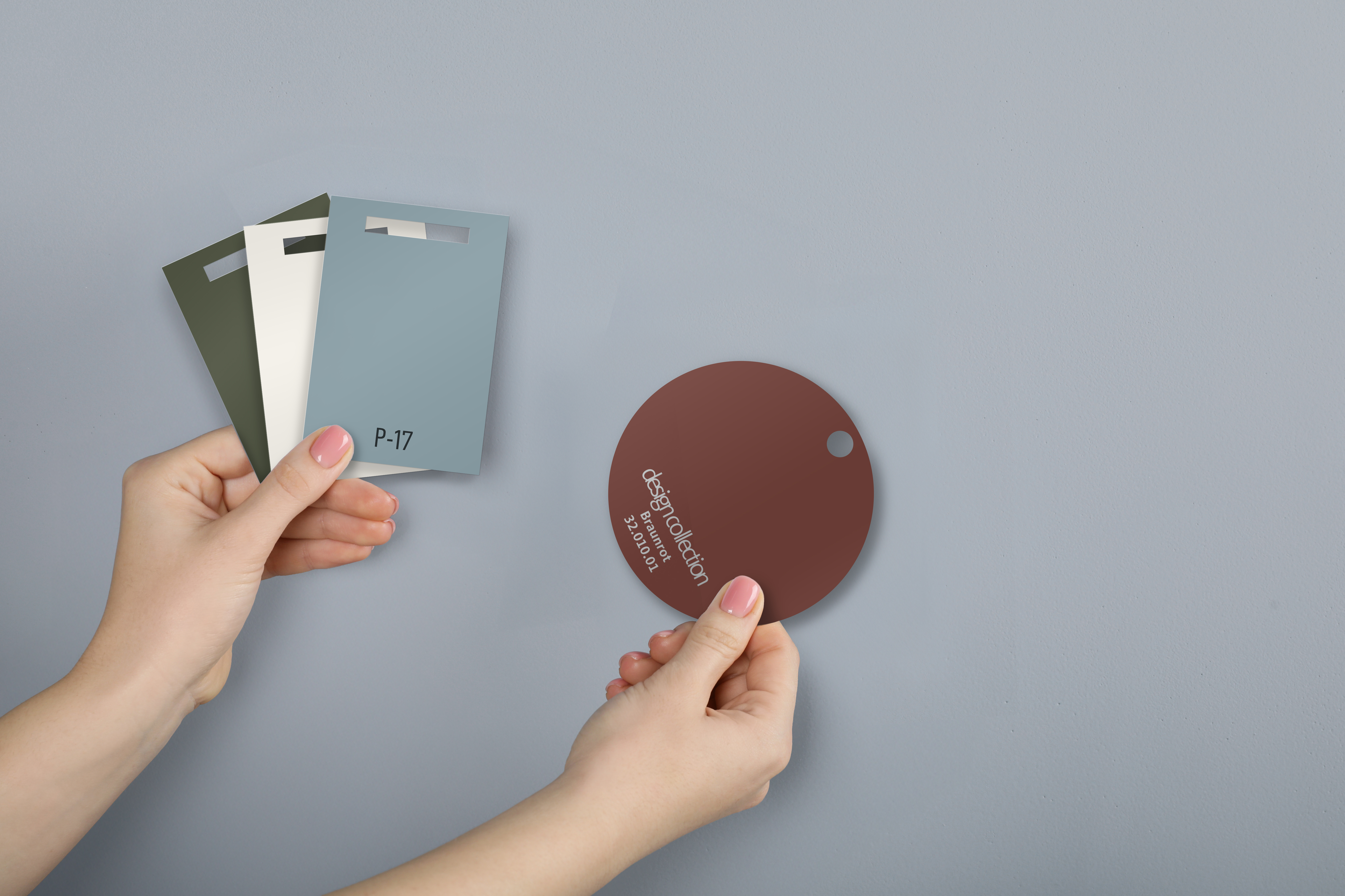 OBI Farbmischservice, Farbfächer mit der Farbe P-17 und der design collection Farbe braunrot 32.010.01