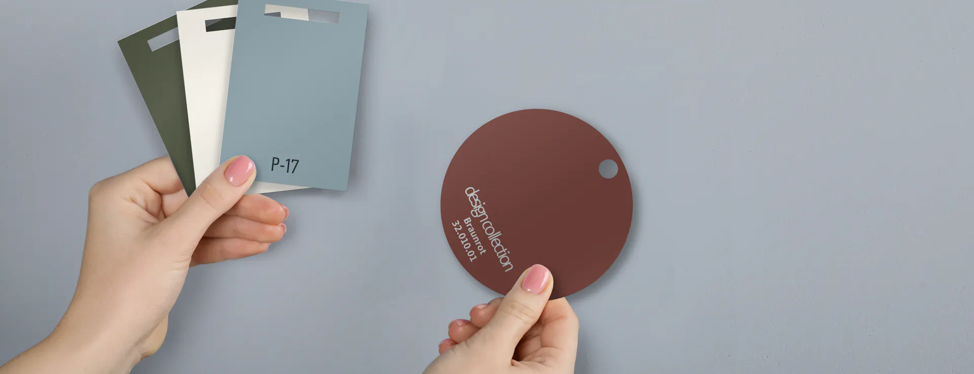 OBI Farbmischservice, Farbfächer mit der Farbe P-17 und der design collection Farbe braunrot 32.010.01