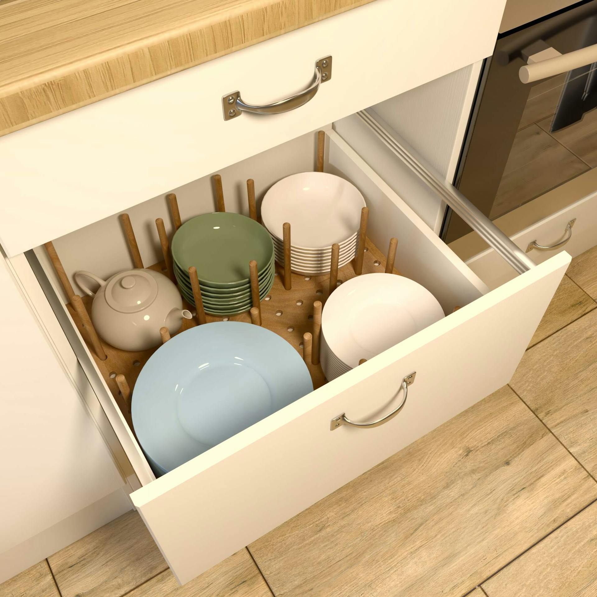 Schublade mit Ordnungssystem für Geschirr