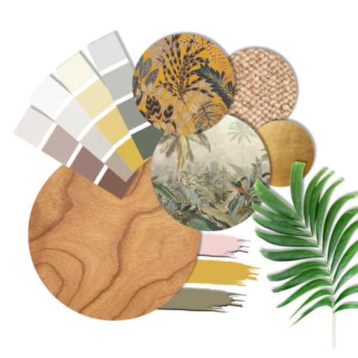  Moodboard Jungle Botanik Stil mit verschiedenen Farbbeispielen und Mustern
