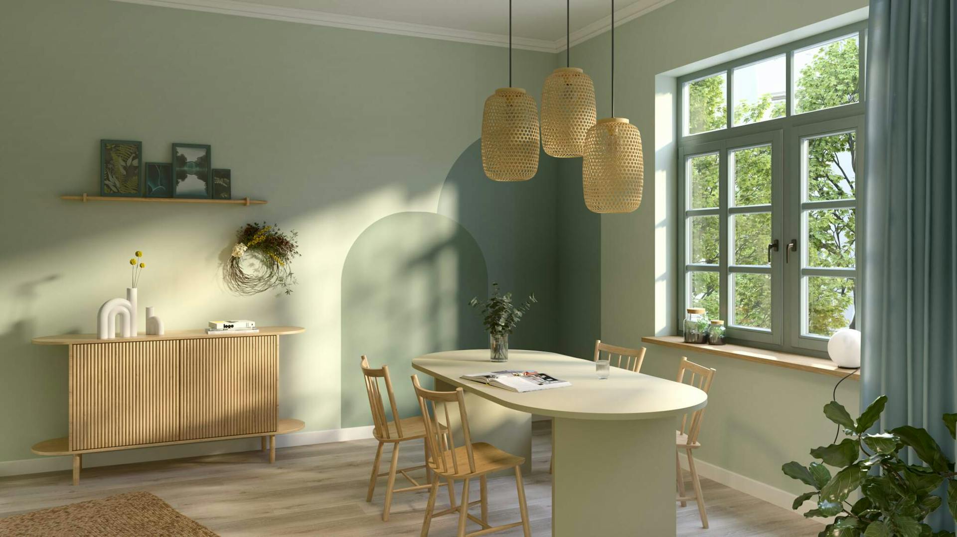 Esszimmer in unterschiedlichen Grüntönen gestrichen