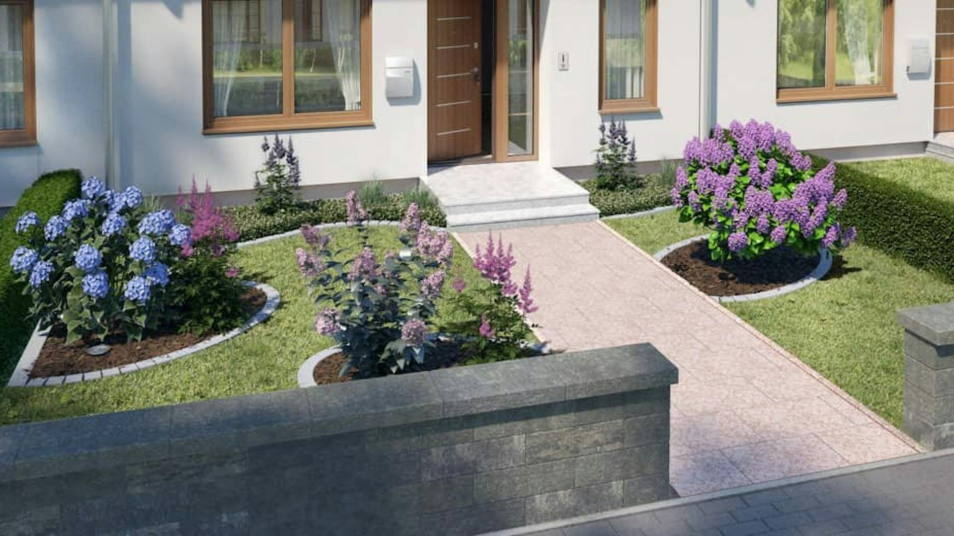 Schlichter Vorgarten mit blühenden Akzenten