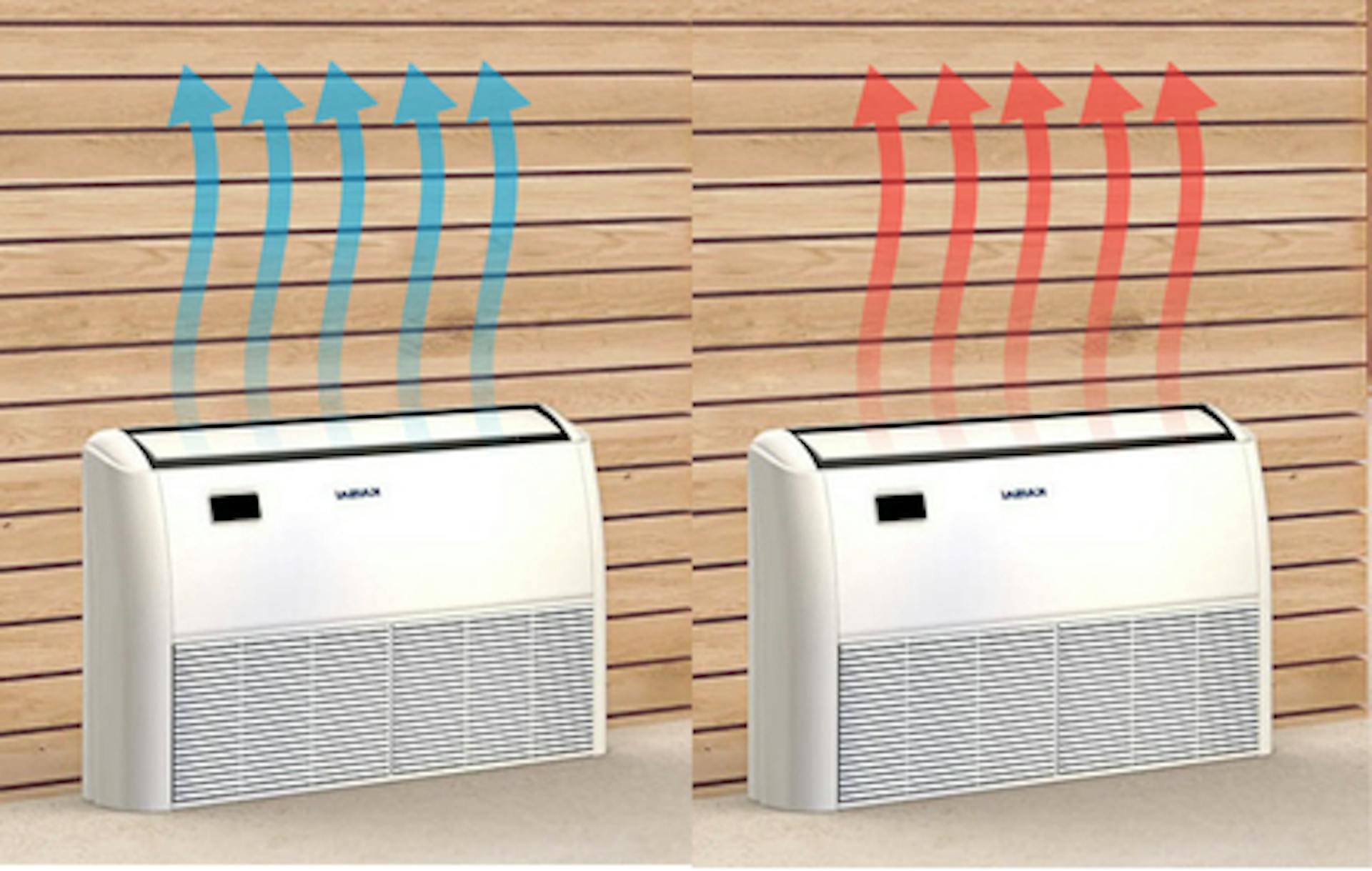 Zwei Klimageräte mit blauen und roten Pfeilen zur Visualisierung der Heiz- und Kühlfunktion