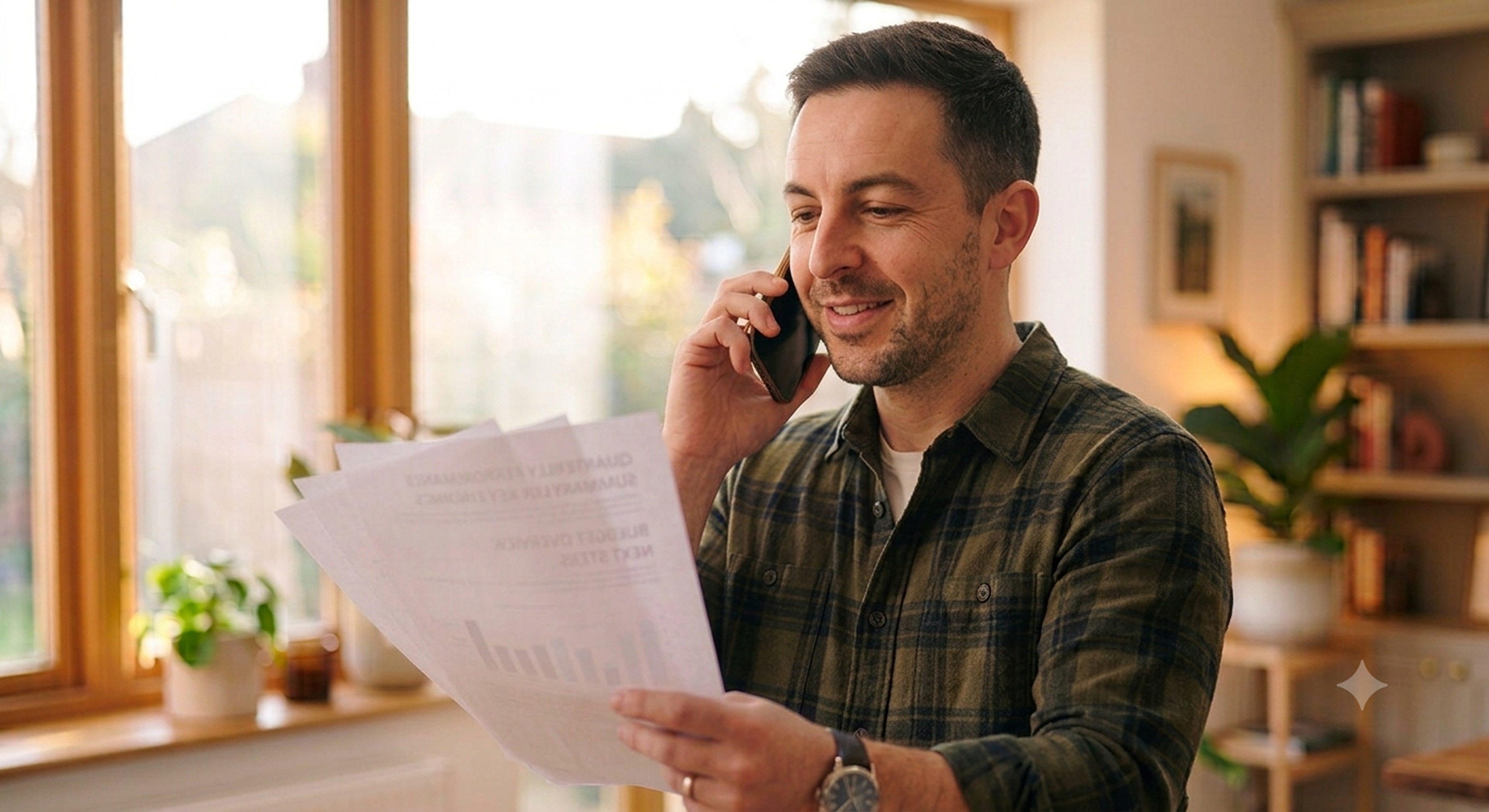 mann telefoniert mit fachbetrieb und vergleicht verschiedene offerten vom vermittlungsservice