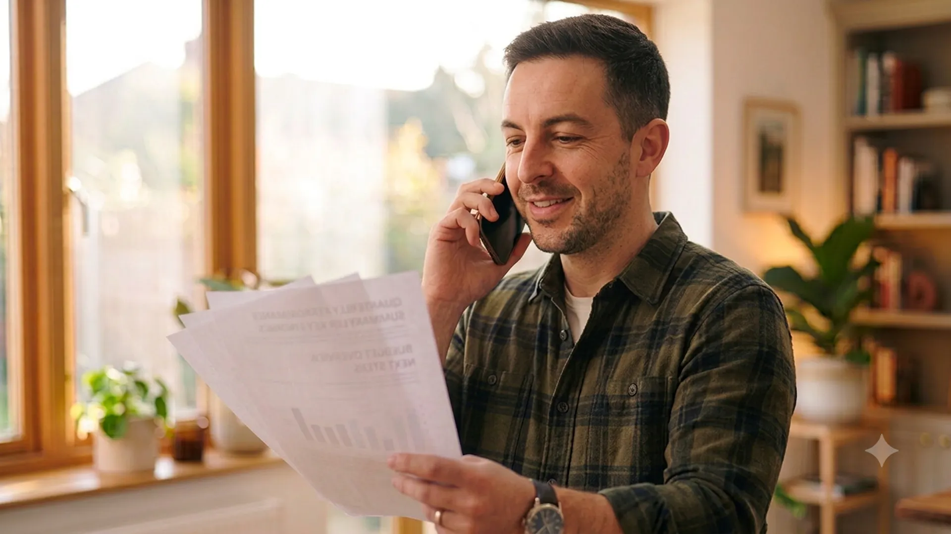 mann telefoniert mit fachbetrieb und vergleicht verschiedene offerten vom vermittlungsservice
