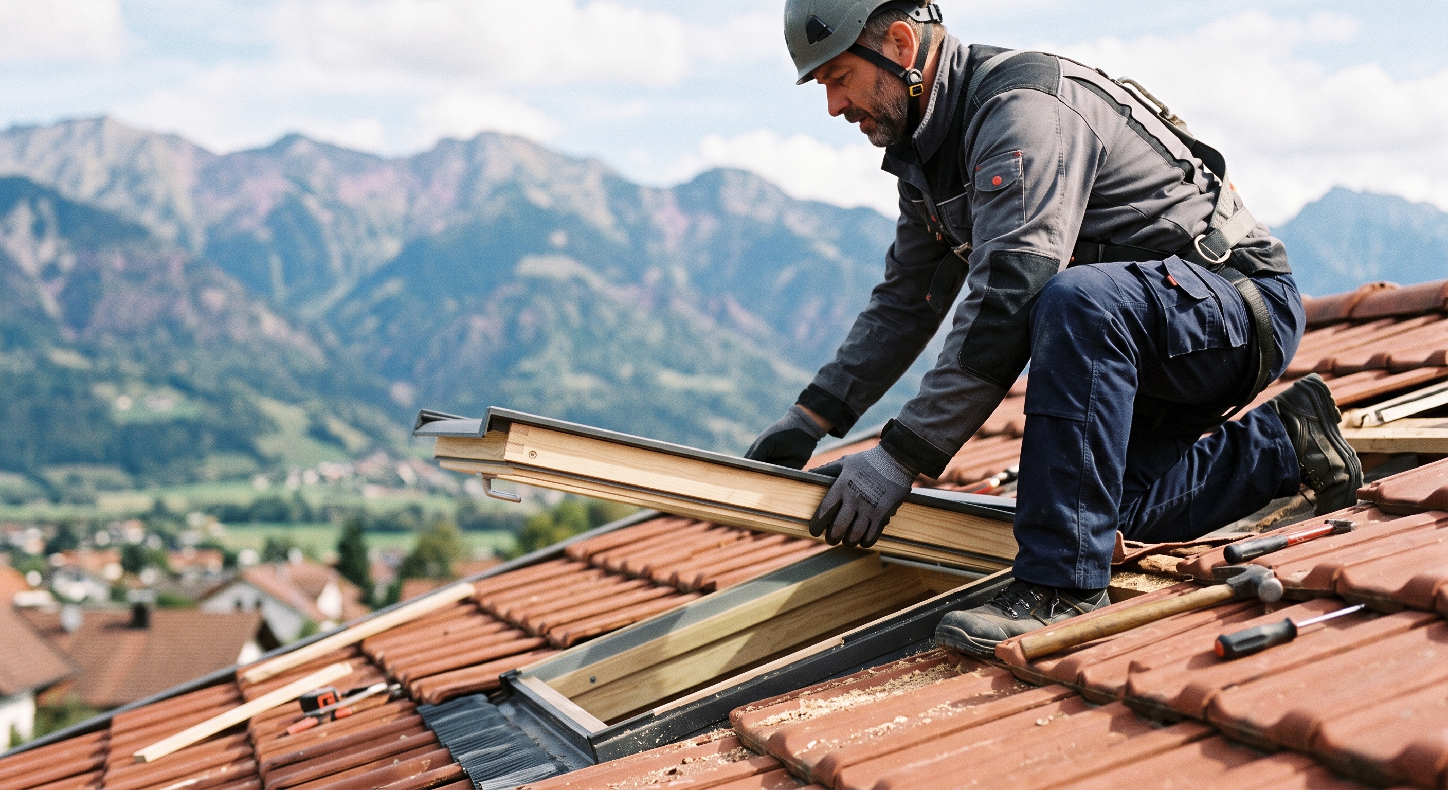 handwerker installiert ein dachfenster