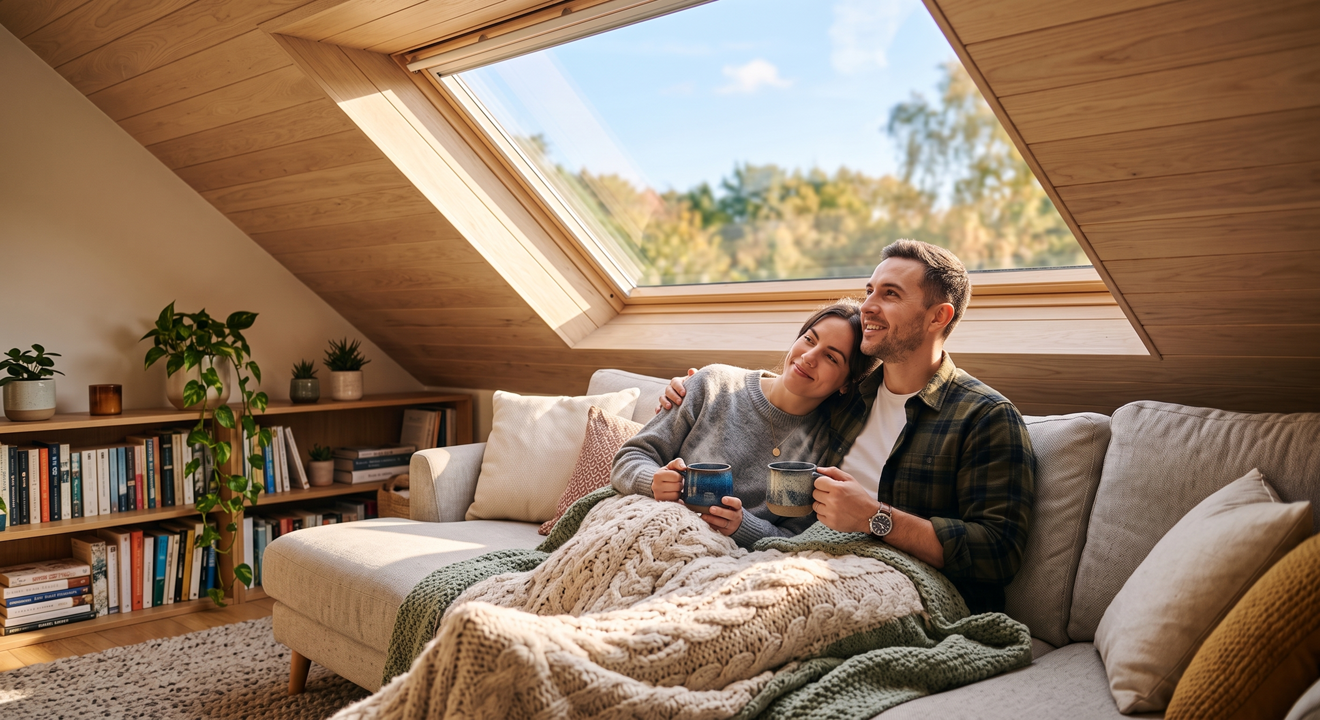paar genießt neuen wohnkomfort dank neuem dachfenster