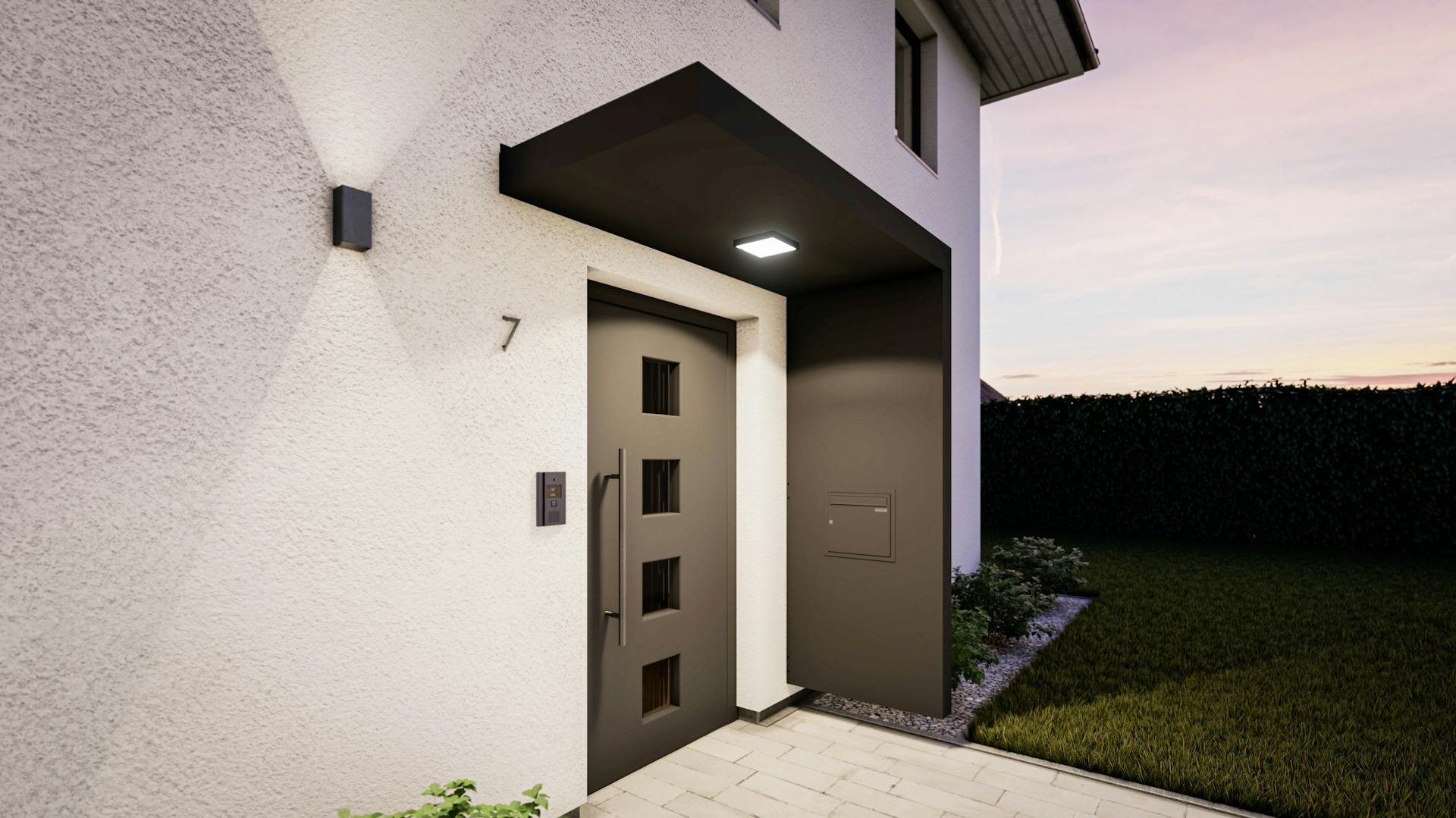 Vordach in Anthrazit Seitenwand und integriertem Briefkasten