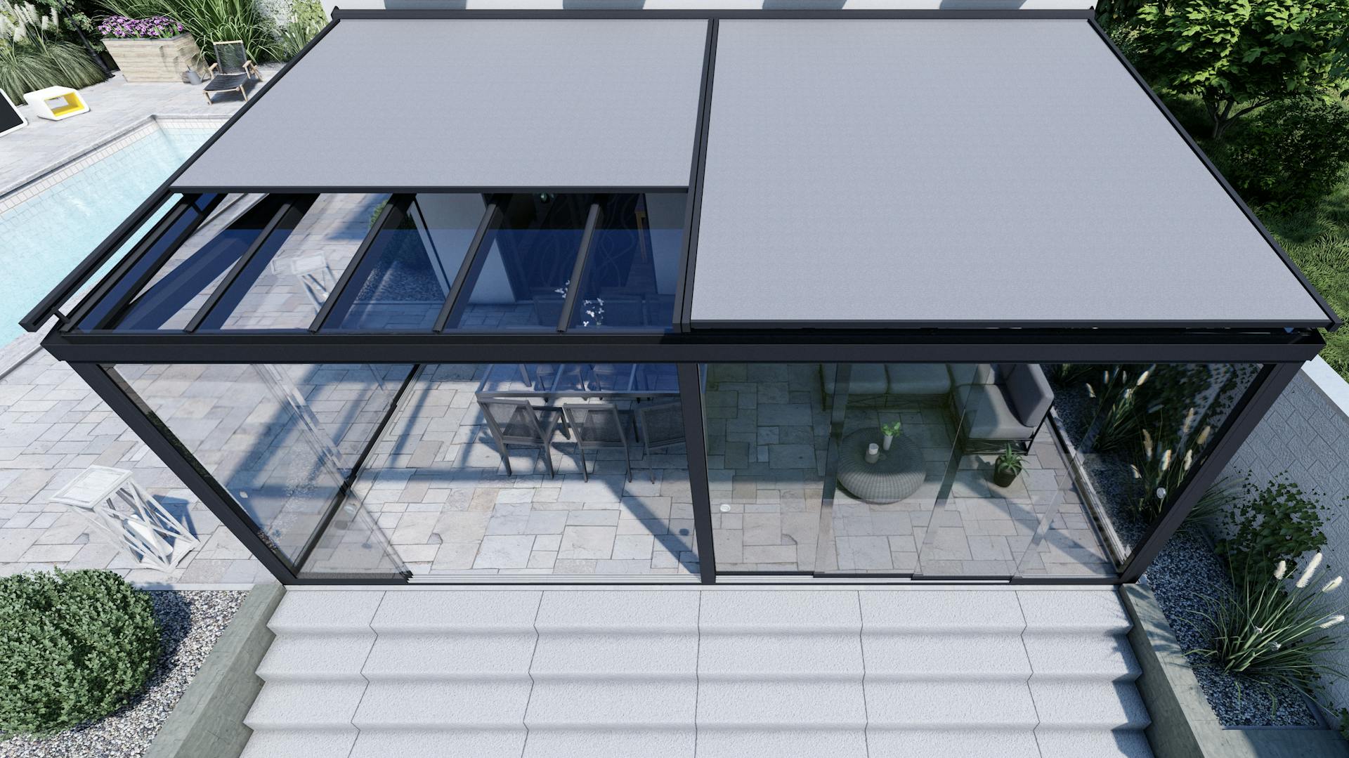 Wandmontierte Terrassenüberdachung mit Markise und Seitenwänden