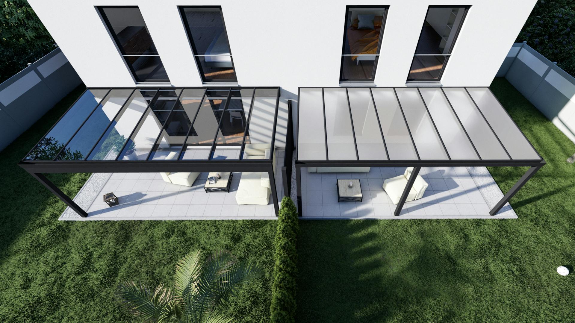 Klassisches Terrassendach mit Pfosten und einem Dach aus klarem oder milchigem Glas (KD Überdachung)