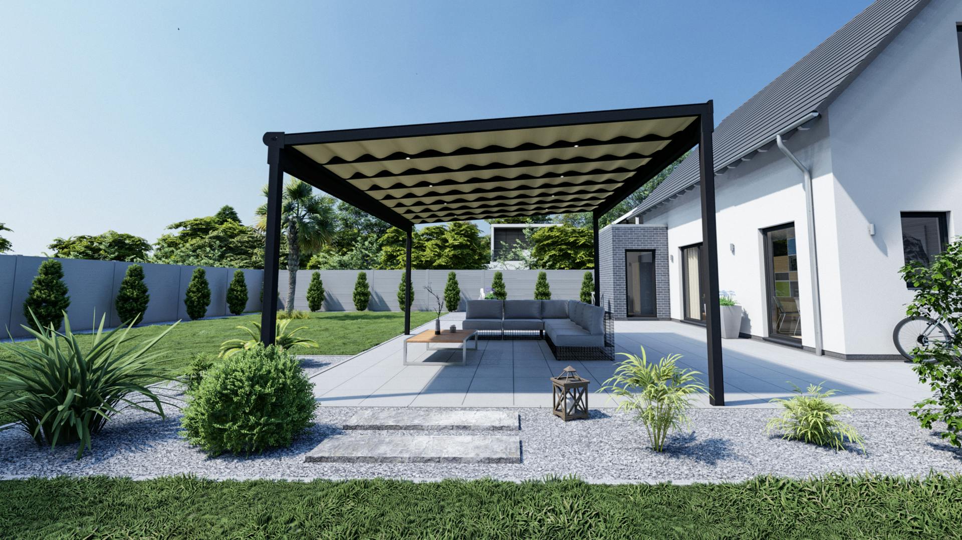 Freistehende Terrassenüberdachung mit Sonnensegel und Pfosten