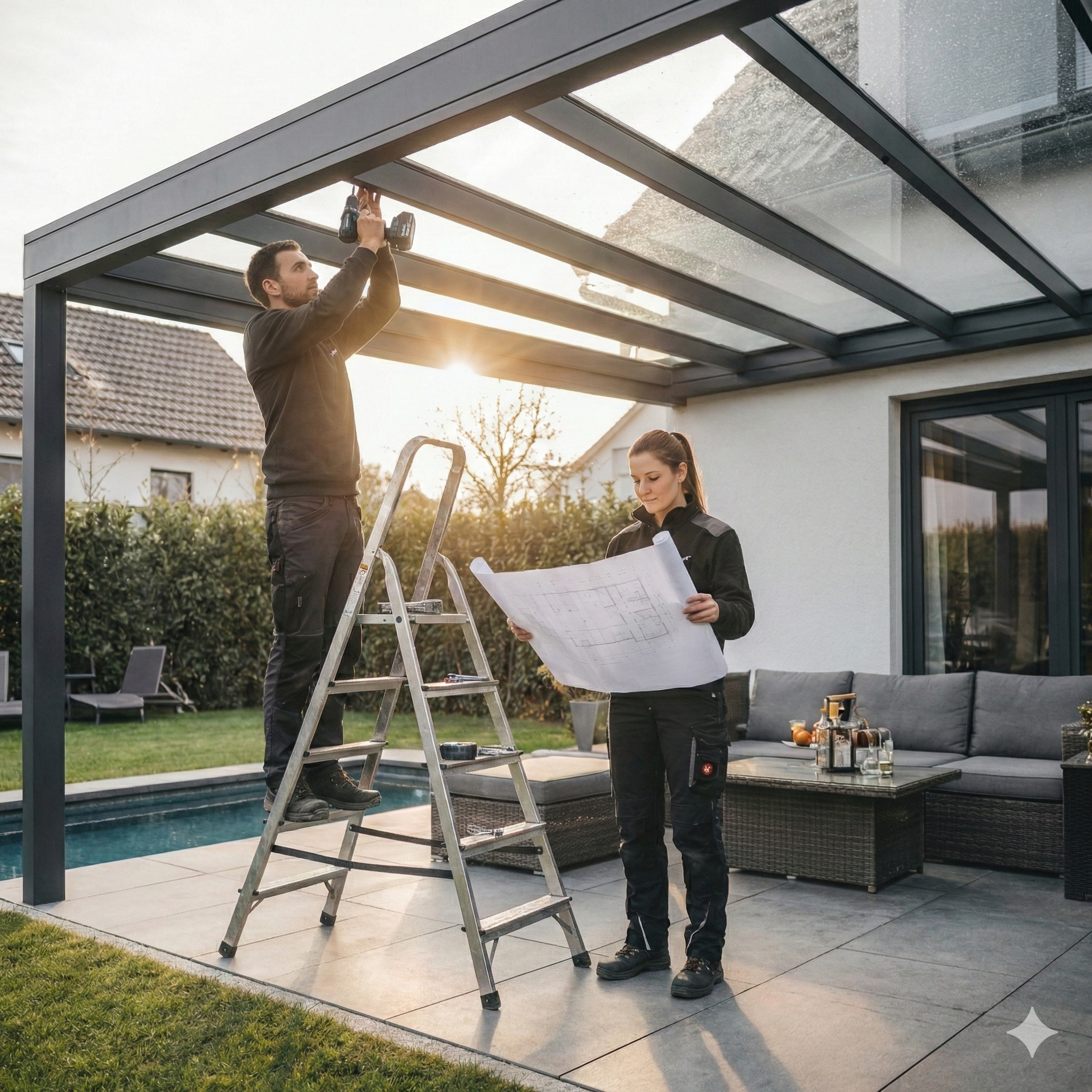 Aufbau von einer Terrassenüberdachung von Experten