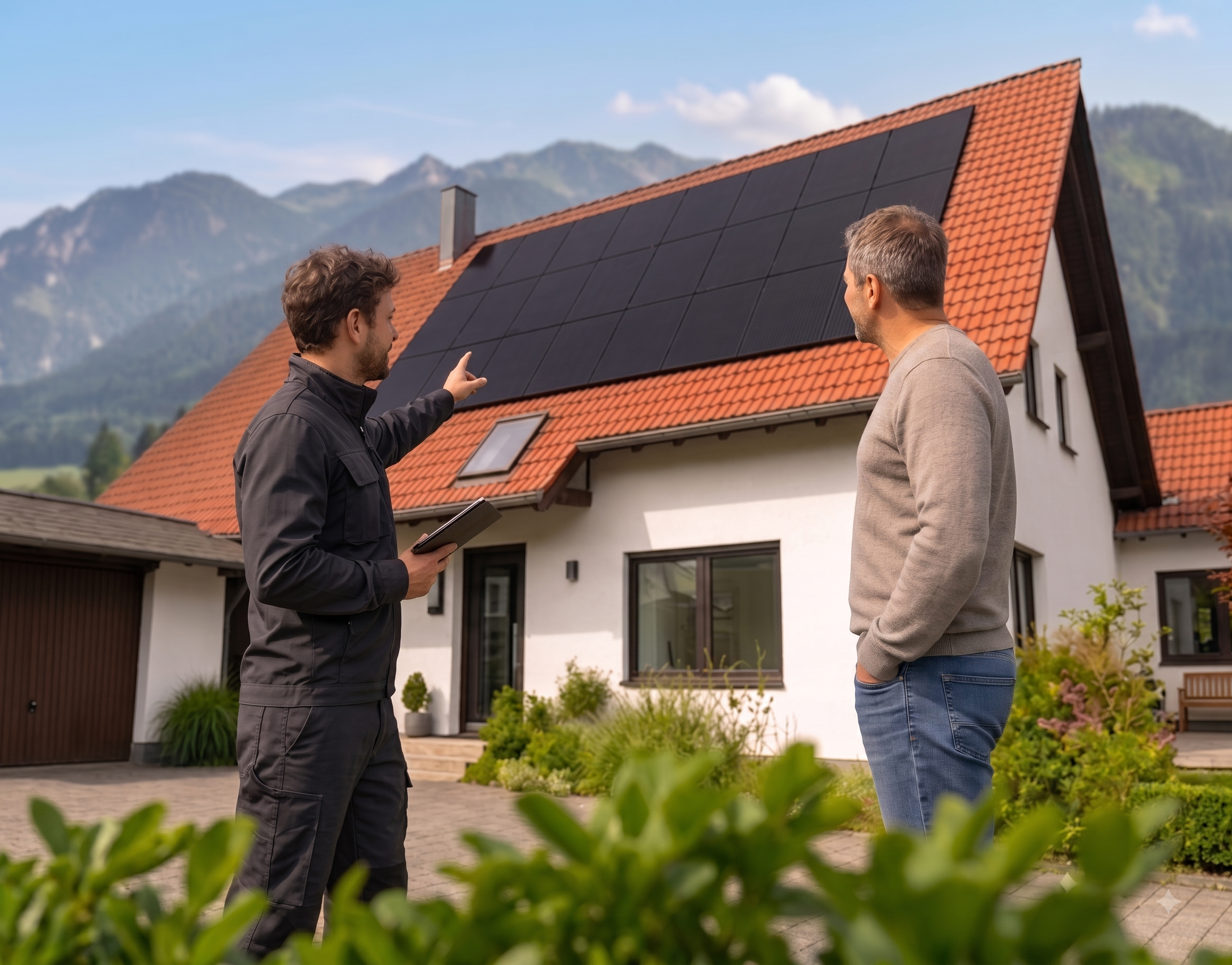 beratung durch fachbetrieb, im hintergrund solaranlage auf dem dach
