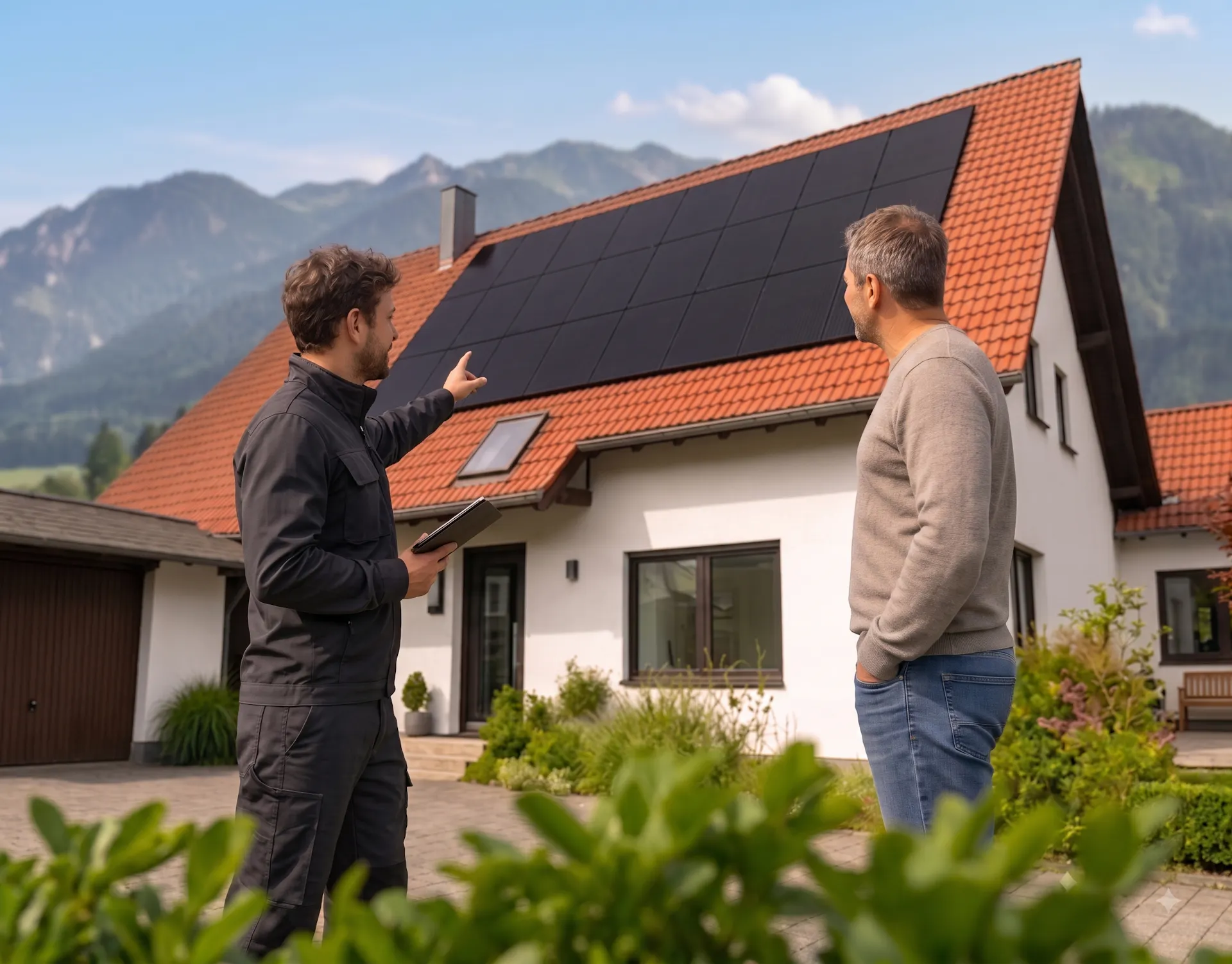 beratung durch fachbetrieb, im hintergrund solaranlage auf dem dach