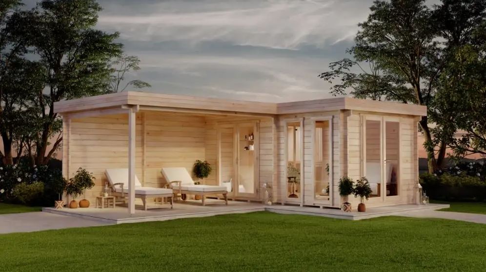 Große Sauna für den Garten mit Vordach und einem kleinem Vorraum