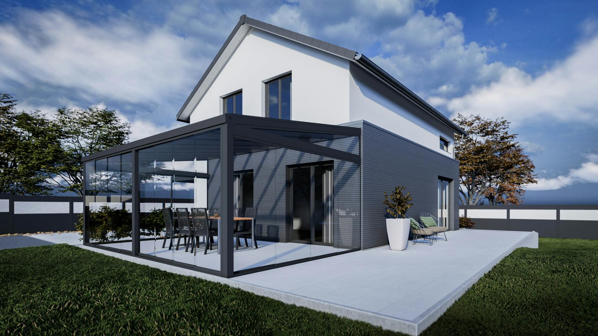 Sommergarten in Silbergrau mit Giebelfenster (Projektbeispiel von unserem Partner KD Überdachung)