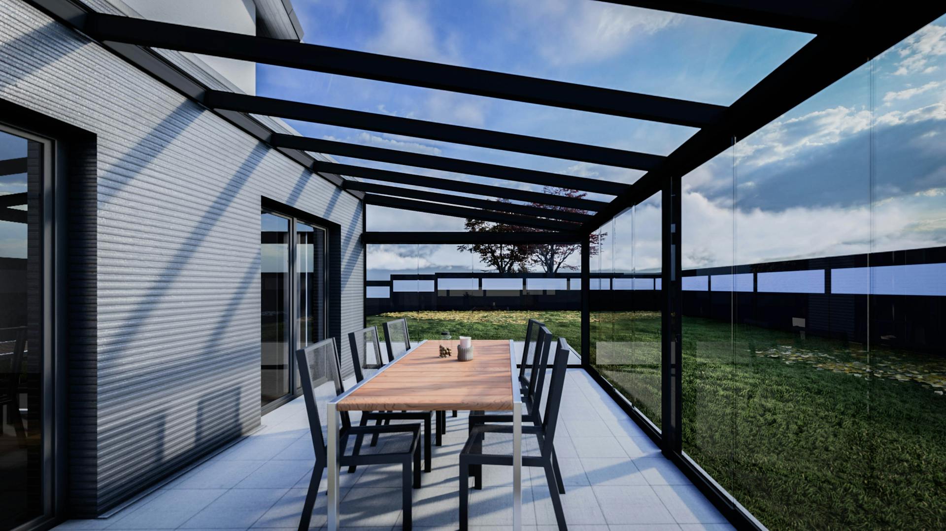 Luftiger Sommergarten mit Schiebetüren (Projektbeispiel von unserem Partner KD Überdachung)