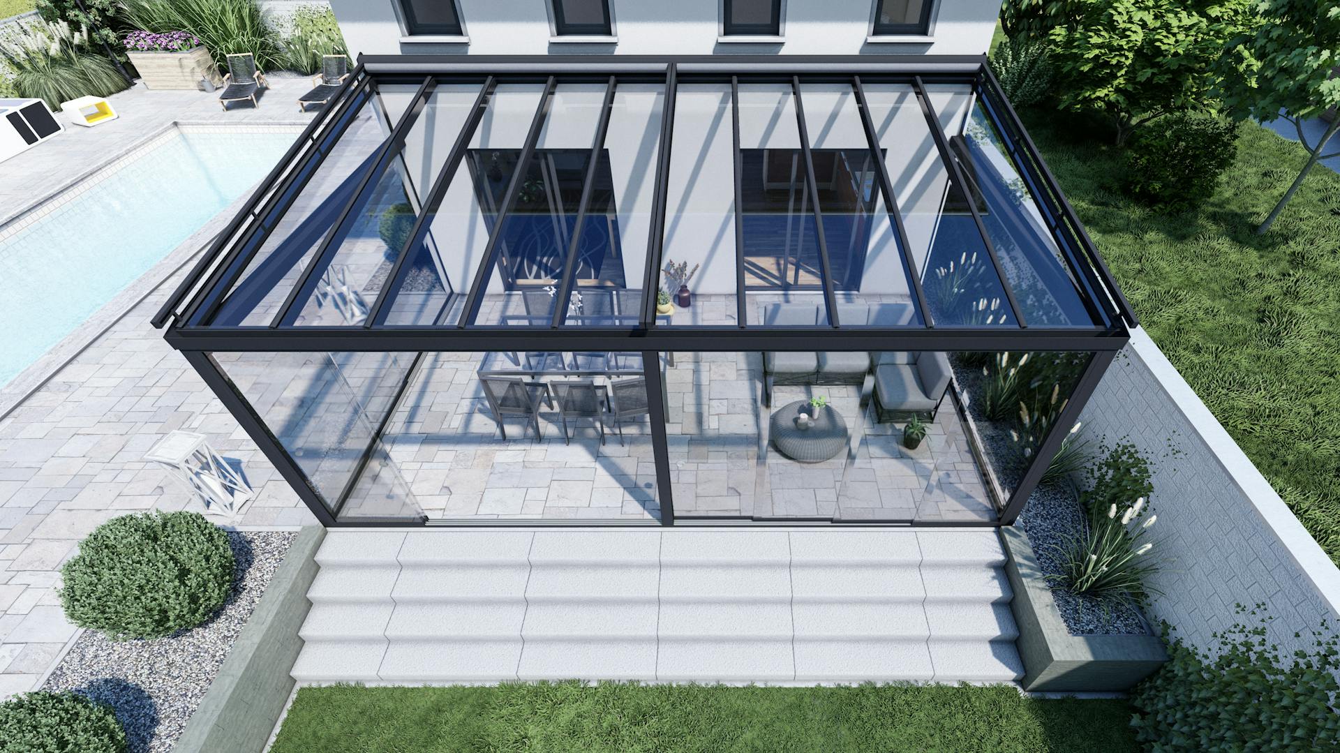 Sommergarten mit Polycarbonat Dacheindeckung in Silber