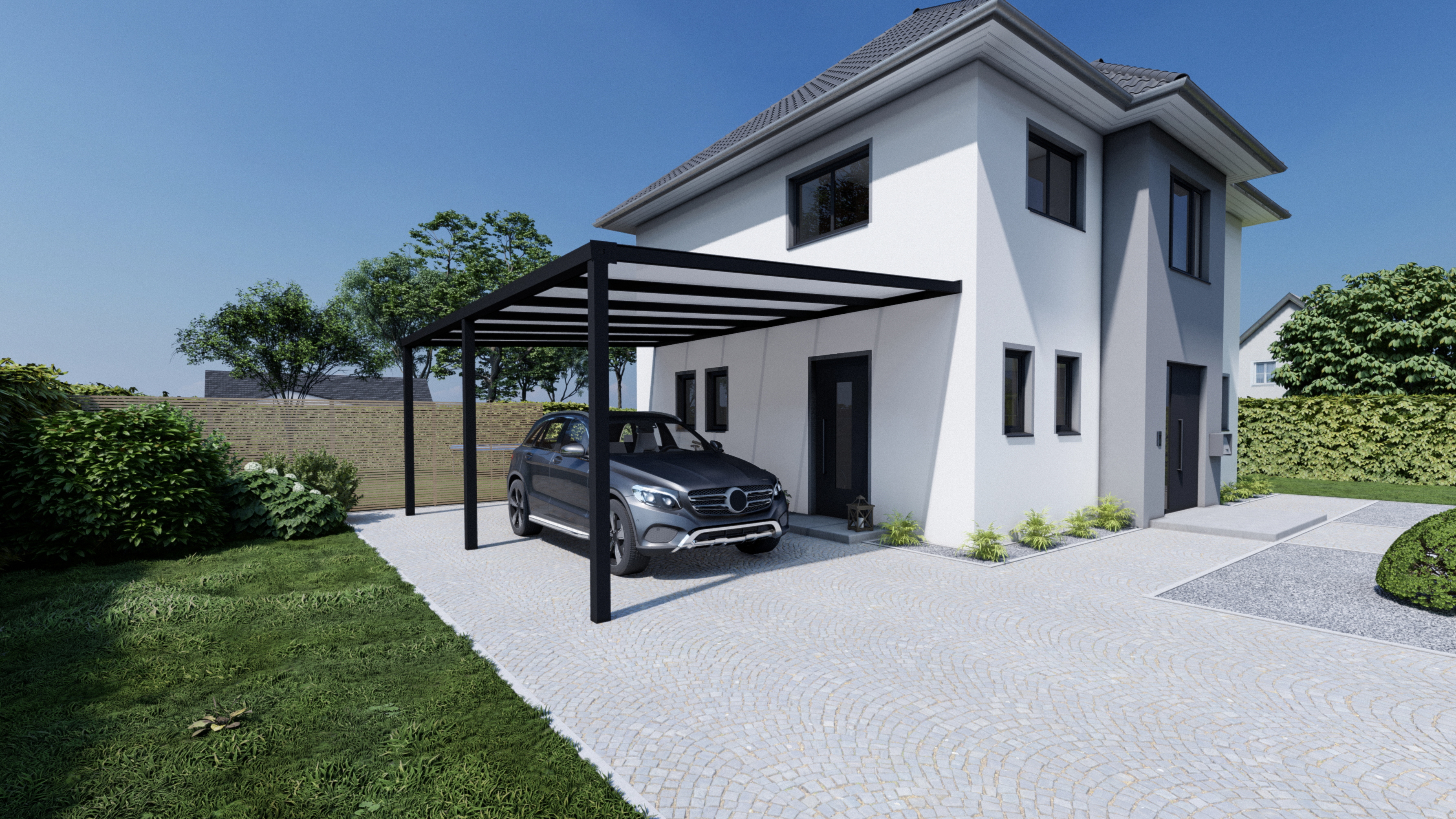 Carport in anthrazit ans Haus befestigt