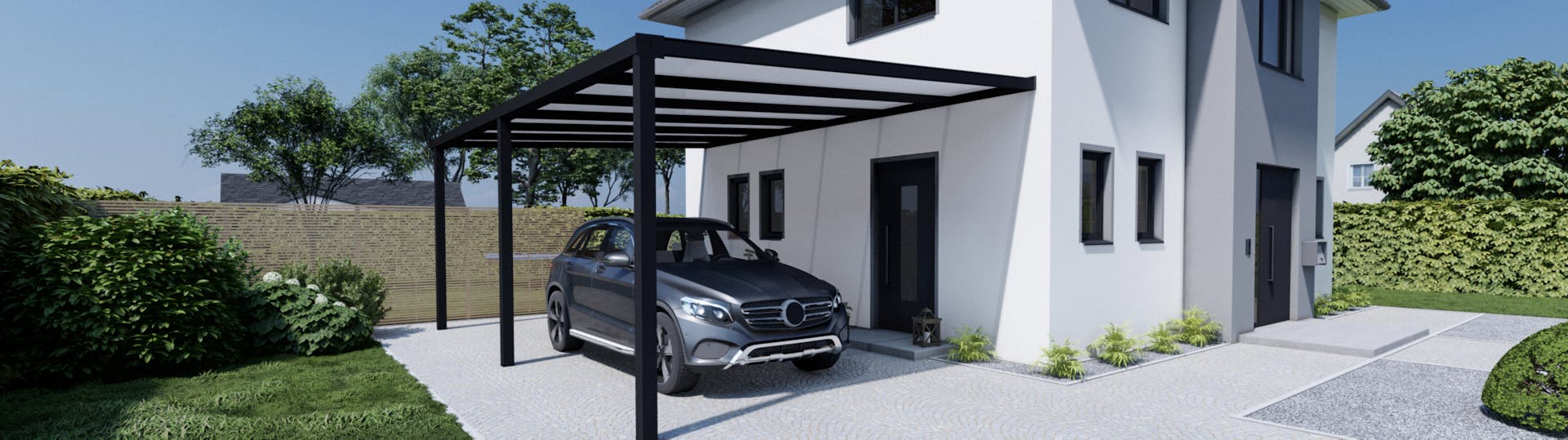 Carport in anthrazit ans Haus befestigt