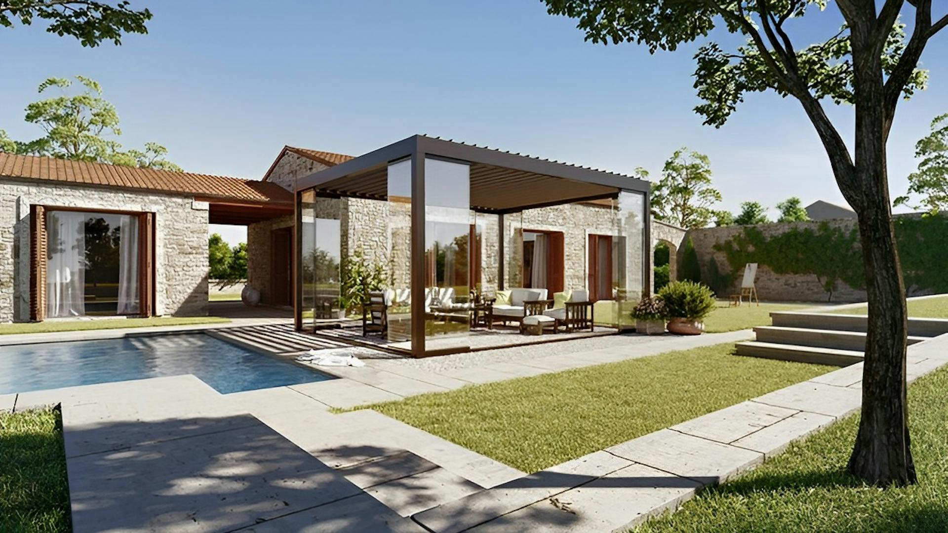 Sommergarten mit Senkrechtmarkise in Beige