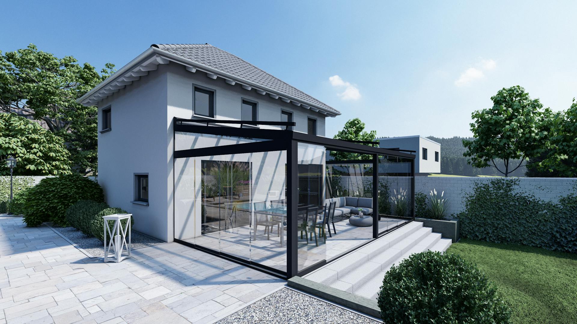 Sommergarten in Anthrazit mit Glas Schiebtüren und Seitenwänden