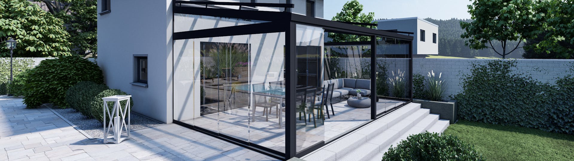 Sommergarten in anthrazit ans Haus befestigt