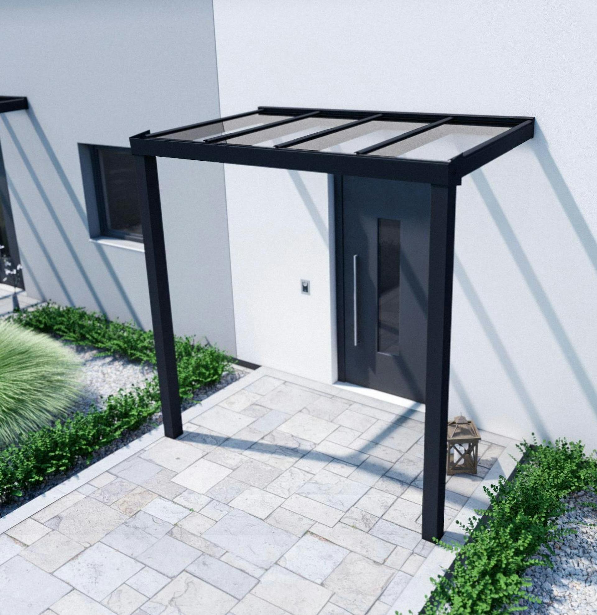 Vordach mit Pfosten in Anthrazit mit Verbundsicherheitsglas
