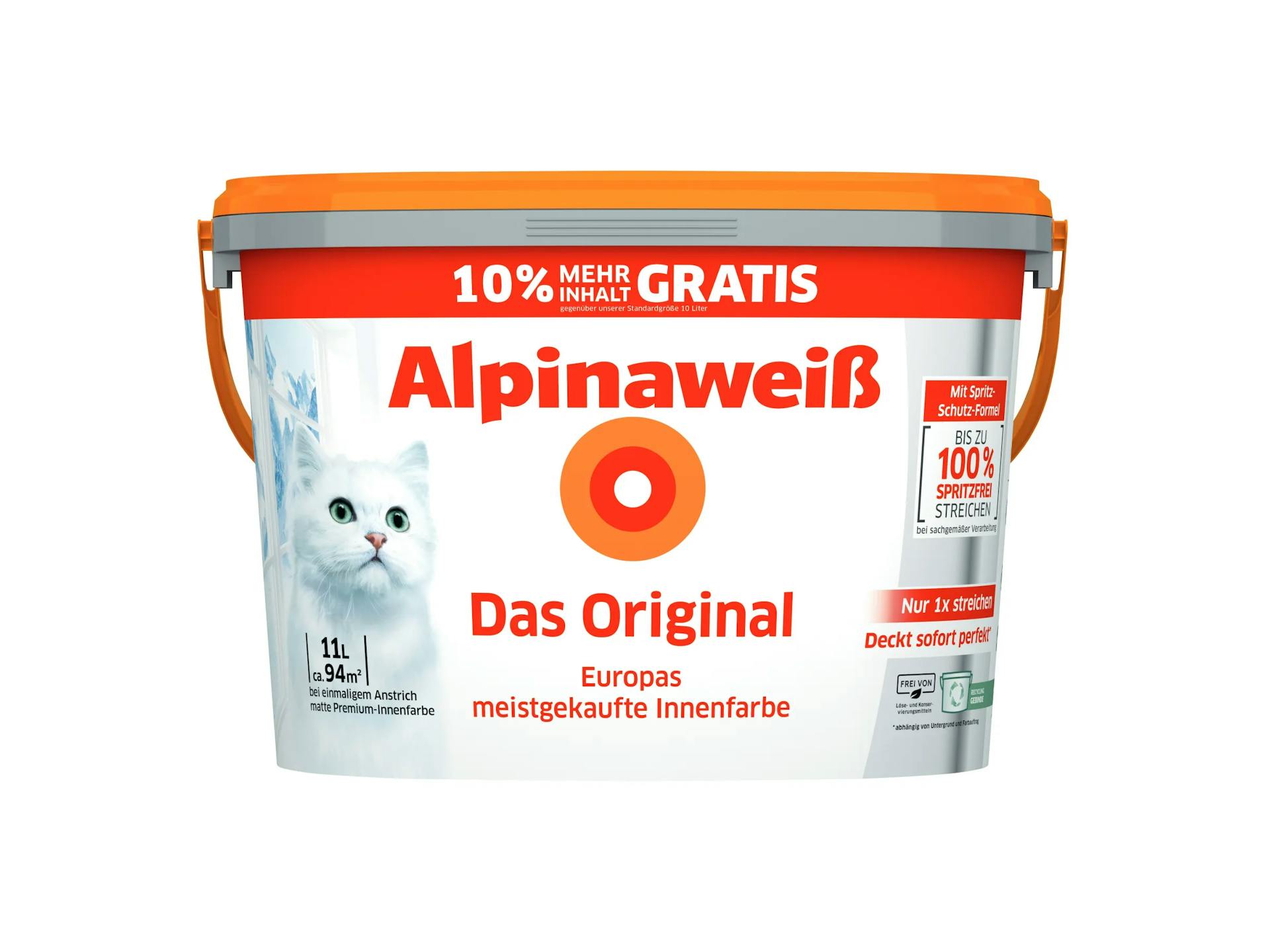 Alpinaweiß: das Original. Spritzt nicht, tropft nicht. Deckt sofort perfekt.