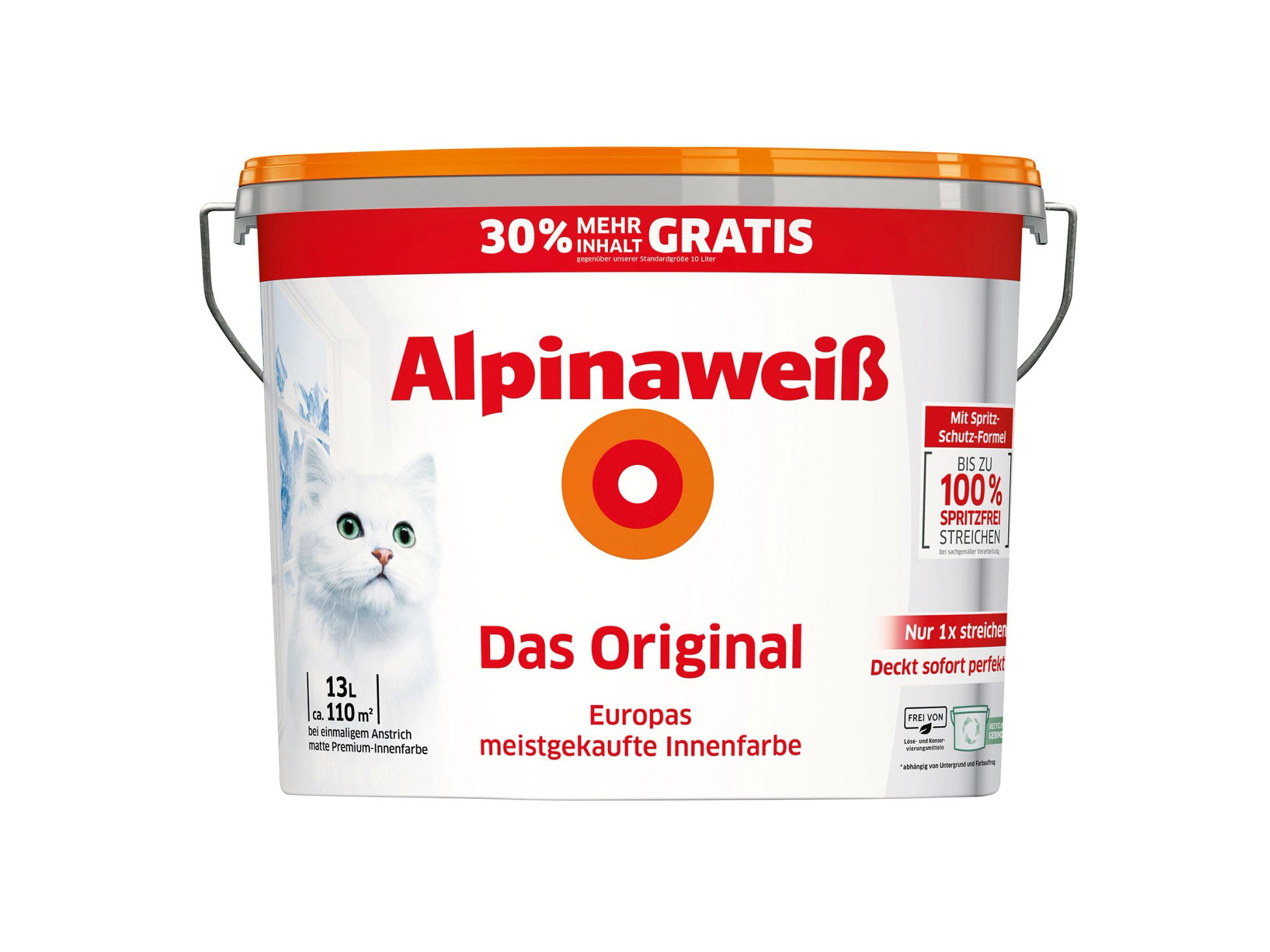 Alpinaweiß: das Original. Spritzt nicht, tropft nicht. Deckt sofort perfekt.