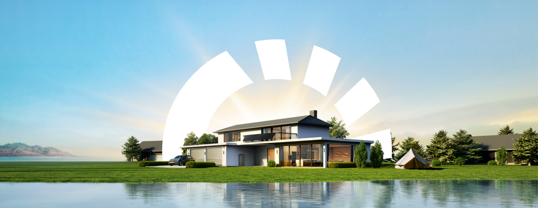 Ein Haus am See mit Sonnenaufgang im Hintergrund
