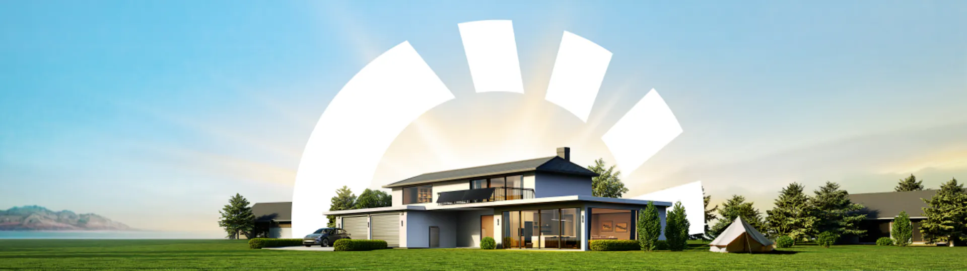 Ein Haus am See mit Sonnenaufgang im Hintergrund